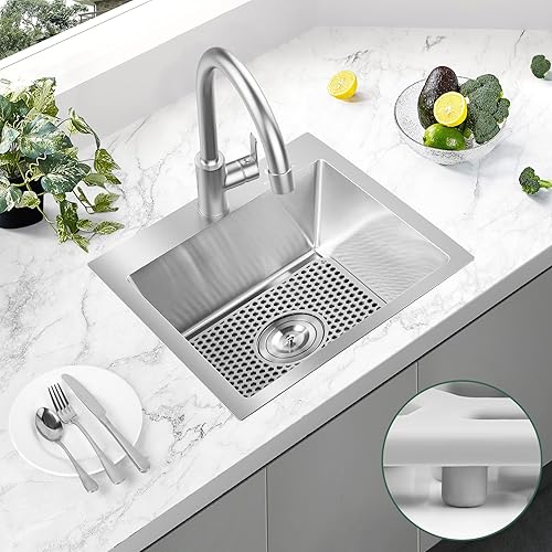 Miniatura 6 de Fregadero de cocina con caída de 17 x 15 pulgadas, fregadero de barra de acero inoxidable calibre 16 con protector de fregadero (níquel cepillado)