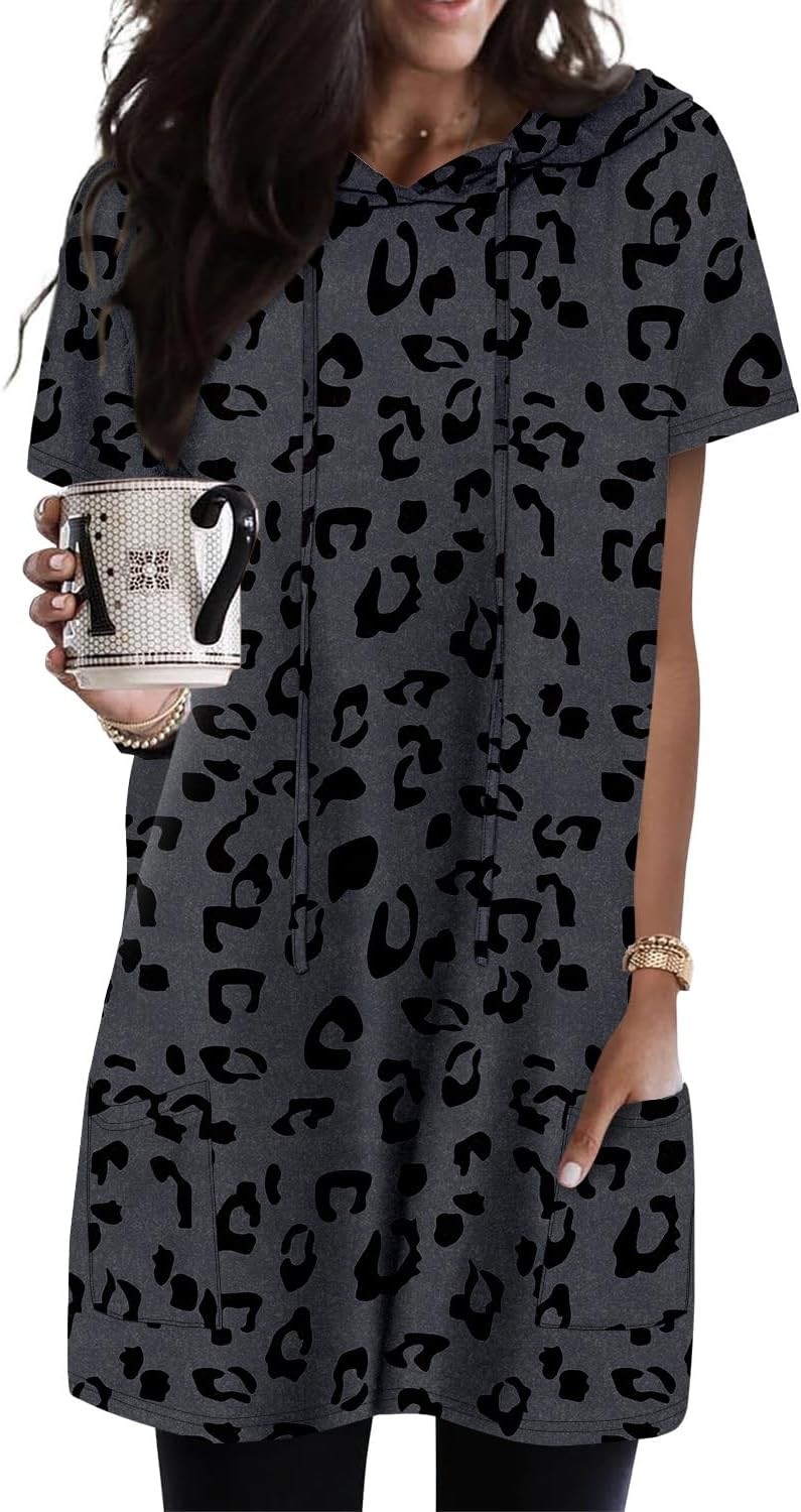 KISSMODA Woman Lightweight Dress with Hood Short Sleeve Summer Loose Pullovers with Pockets Long Tunics Top for Leggings