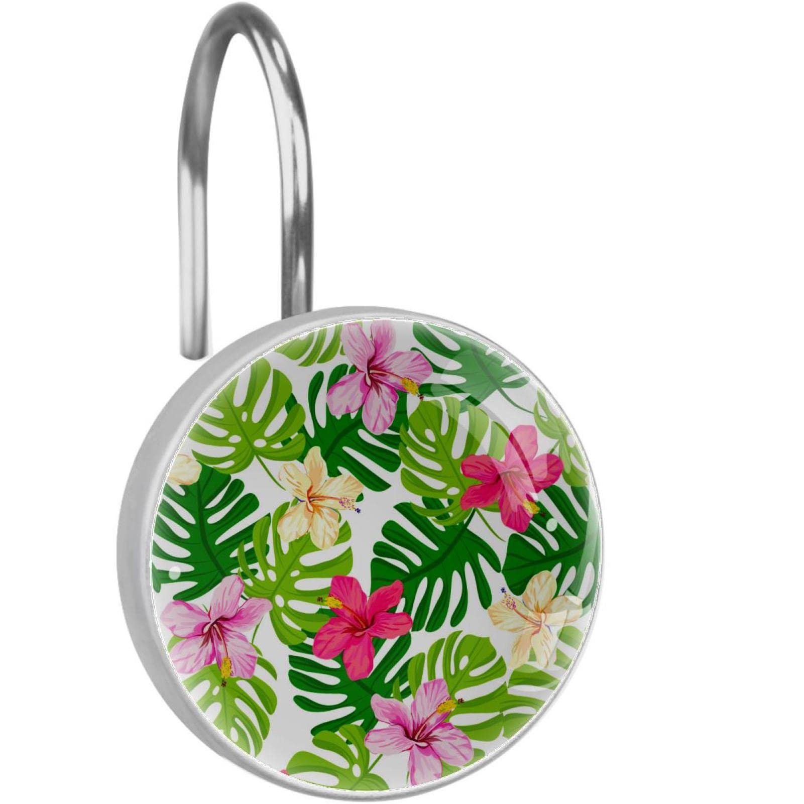Crochets de rideau de douche en acier inoxydable avec motif fleurs tropicales élégantes Lot de 12