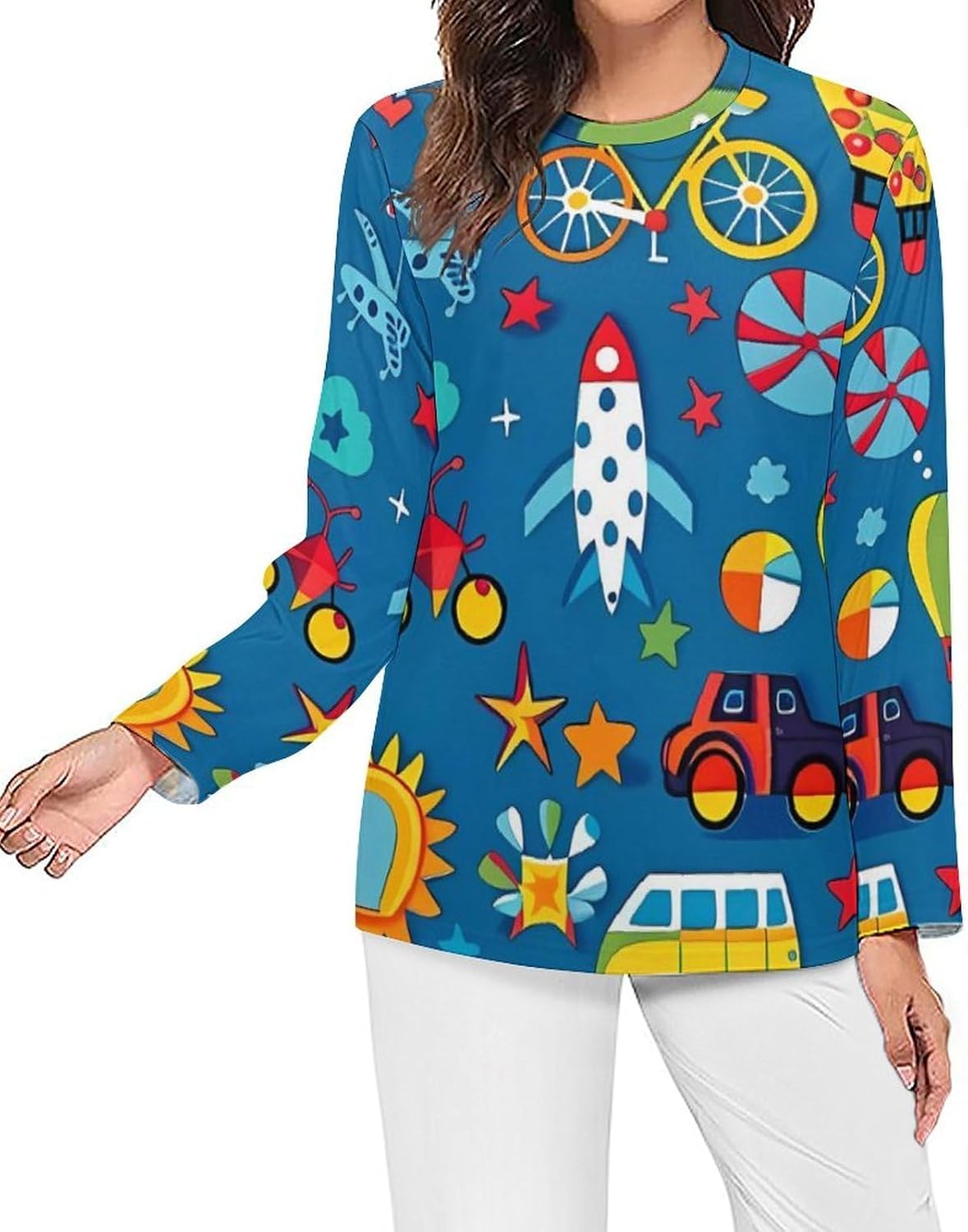 Car Airplane Hot Air Balloon Women's Pajama Top Sleepwear Pajamas Sleep T-Shirt Long Sleeve Shirt Crewneck Tee