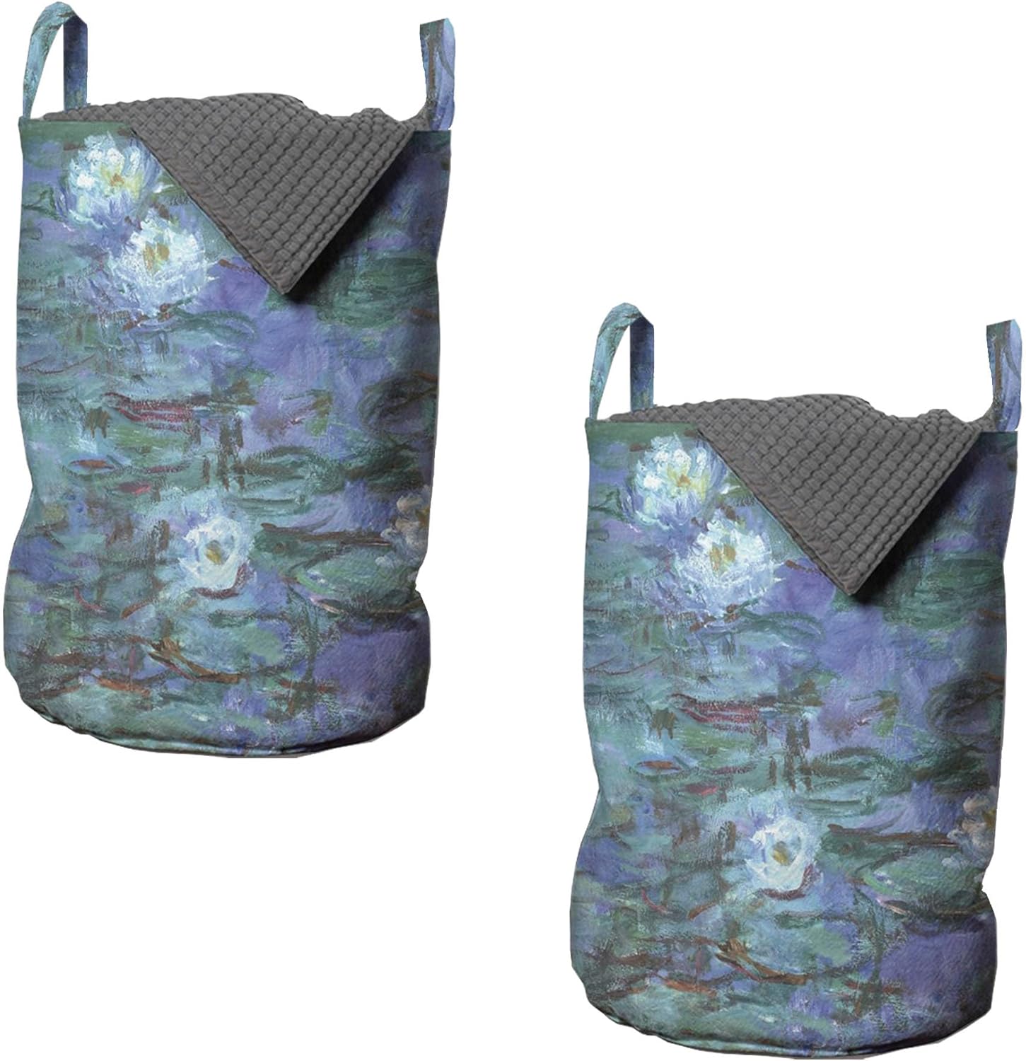 Ambesonne Artwork Laundry Bag Pack of 2, Impressionist Style of Drawing Lilies on the Pond Floating on Surface, Hamper Basket with Handles Drawstring Closure, 13" x 19", Lavender Hunter Green