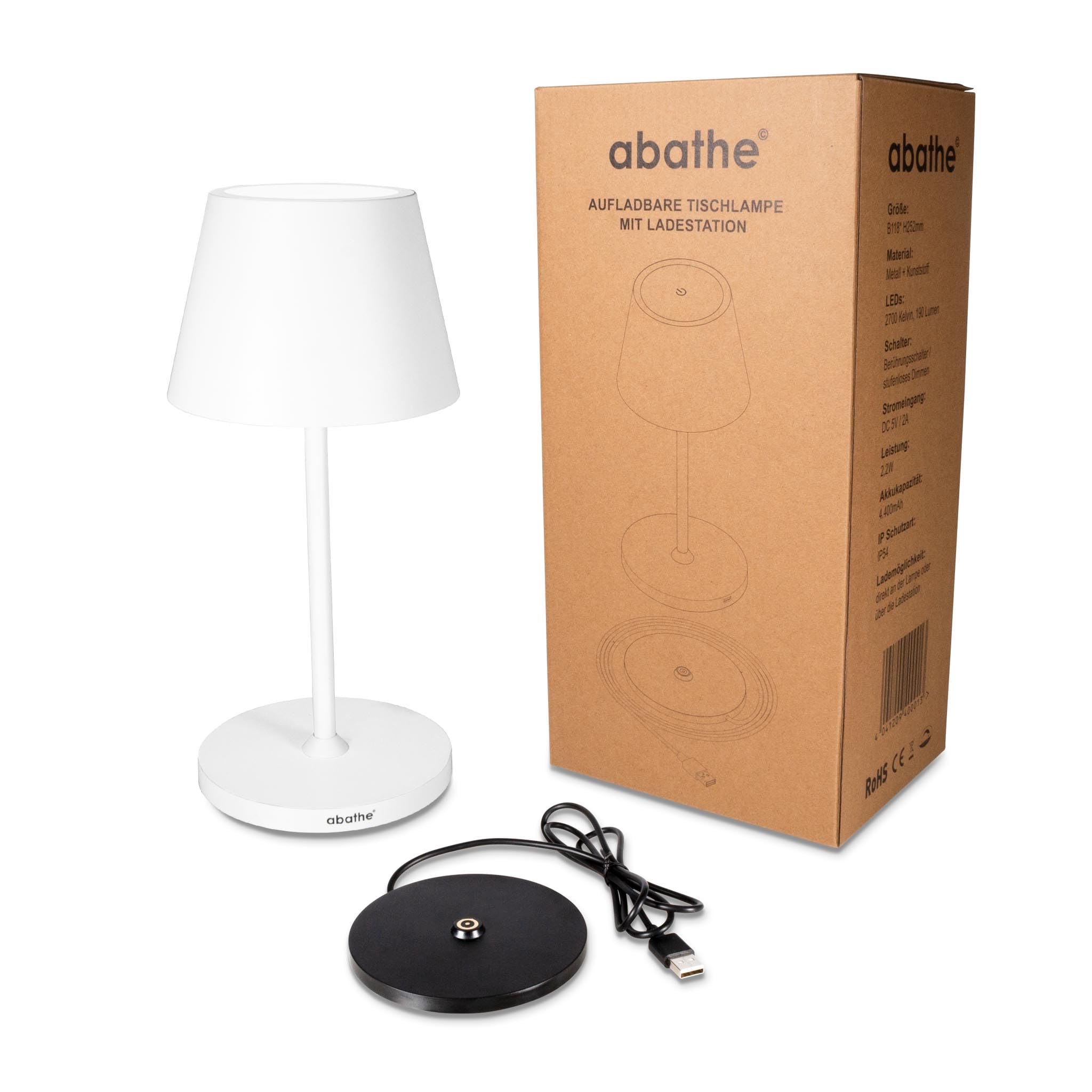 LED Akku Tischleuchte round mit Ladestation - dimmbar, kabellos, USB aufladbar, warme 2700K - sichtfreie Höhe von 25cm - Outdoor Akku-Tischlampe für drinnen und draußen IP54 – weiß