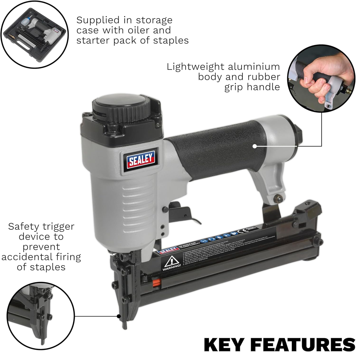 Sealey SA789 Air Staple Gun, 10mm-25mm Capacity, 72mm x 284mm x 270mm