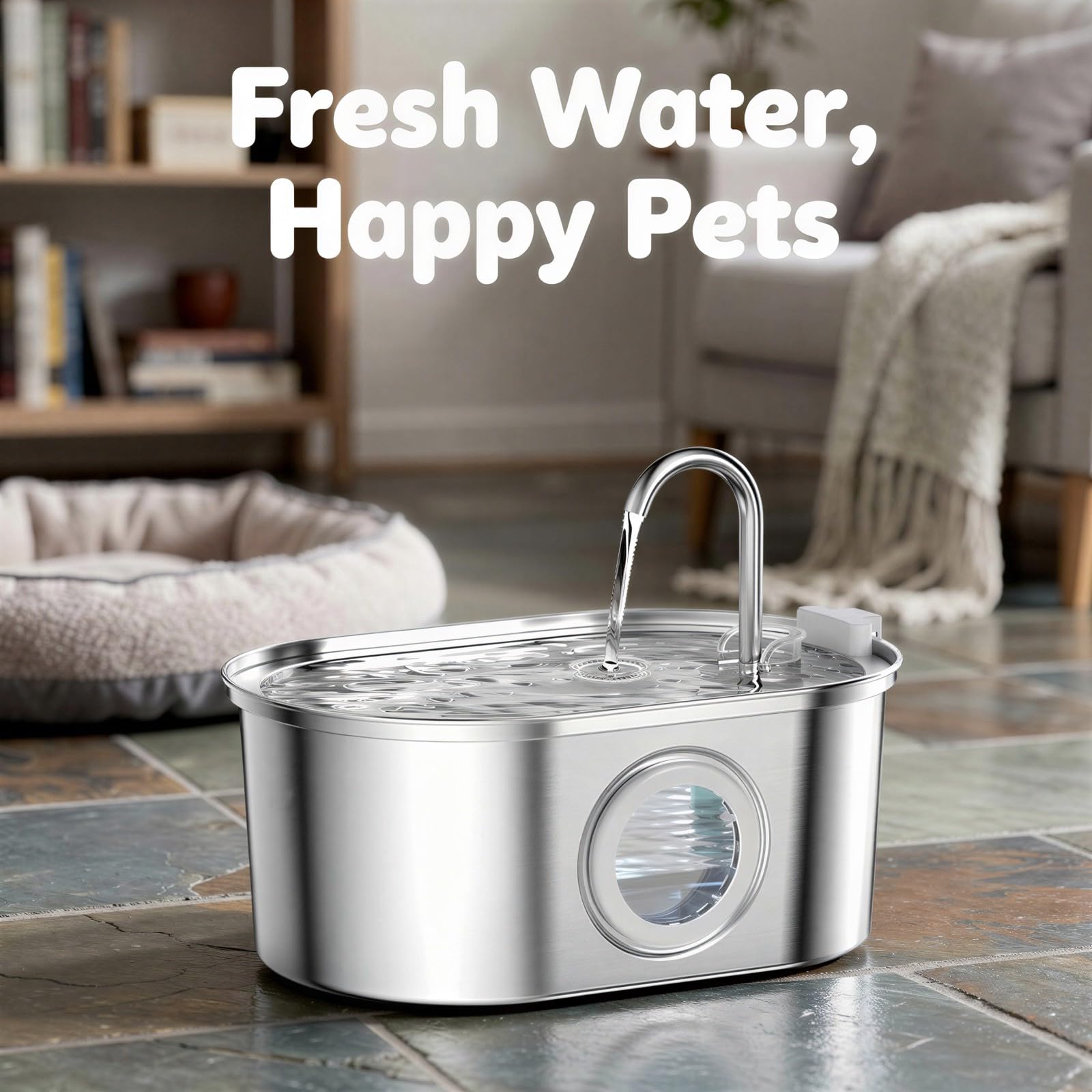 Fontana per animali domestici in acciaio inox da 3,2 l, fontana automatica per gatti con filtraggio multistrato, finestra visibile, sicura per alimenti, adattatore USA, 25,4 x 10,4 x 17,8 cm, per