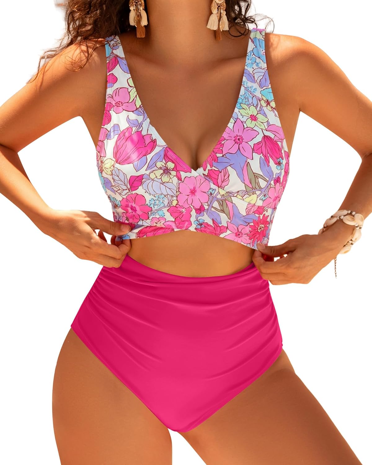 GPAPENT One Piece Swimsuit Women V Neck Cross Front Cut Out Printed Color Block Ruched High Waisted Bathing Suits Swimwear