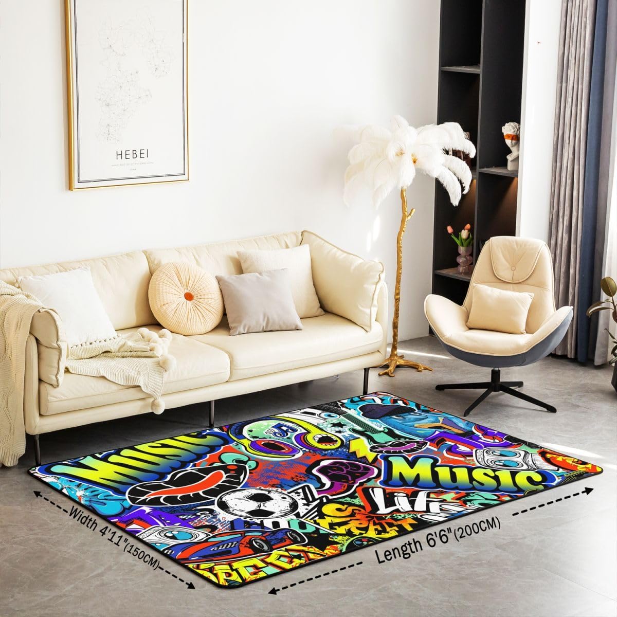 Kids Hippie Graffiti Style Living Room Rugs Area Rug 3x5 Hip Hop Decor Decorative Carpet for Boys Girls Graffiti Graphic Indoor Floor Mat Street Culture Accent Rug Music Living Room Rugs