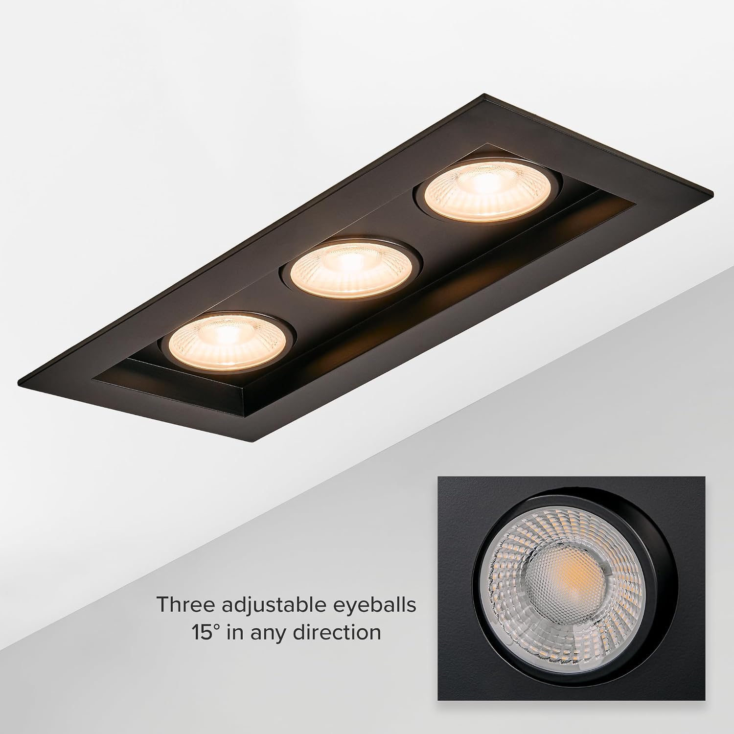 Maxxima 4 in. Three Head Slim Square Recessed Anti-Glare LED Gimbal Downlight, Black, Canless IC Rated, 3000 Lumens 5 CCT Selectable 2700K/3000K/3500K/4000K/5000K Dimmable 90 CRI J-Box Included