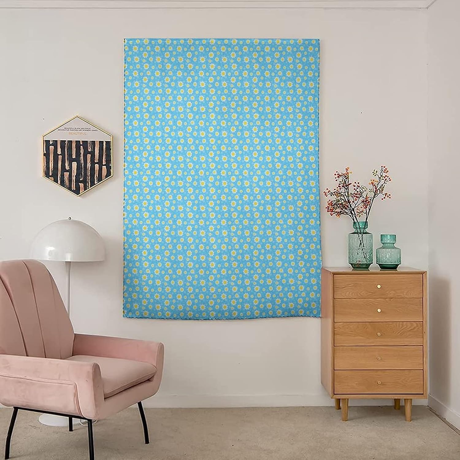 Self Adhesive Portable Blackout Curtains, Yellow and Blue Room Darkening Curtains, Cartoon Chamomiles Blooms and Dots Fresh Spring Print Temporary Blackout Blinds,47W x54L Inches,, for Bathroom