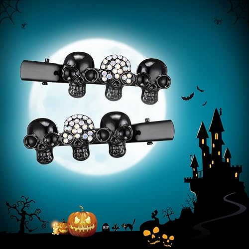 Miniatura 4 de EVER FAITH 2 piezas de accesorios para el cabello de Halloween con cristal austriaco, 4 pinzas para el cabello de calavera, para cosplay, fiesta,