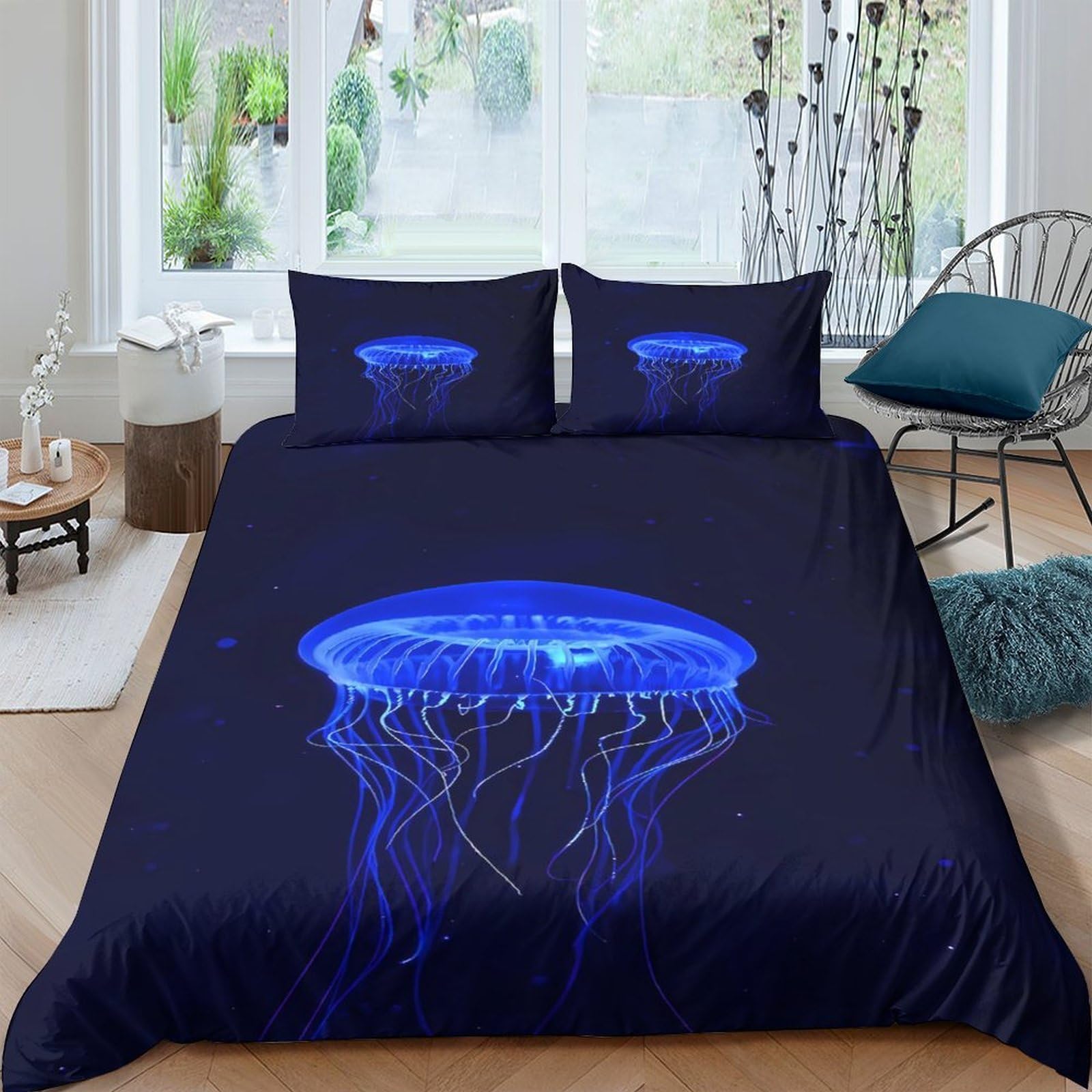 Ctjqhvkz Style-4 3D Printed Blue Jellyfish Fitted Sheet Microfiber Soft Dark Ocean Bed Cover For Bedroom Dorm Mattress Decor Easy Care Single（135X200cm）