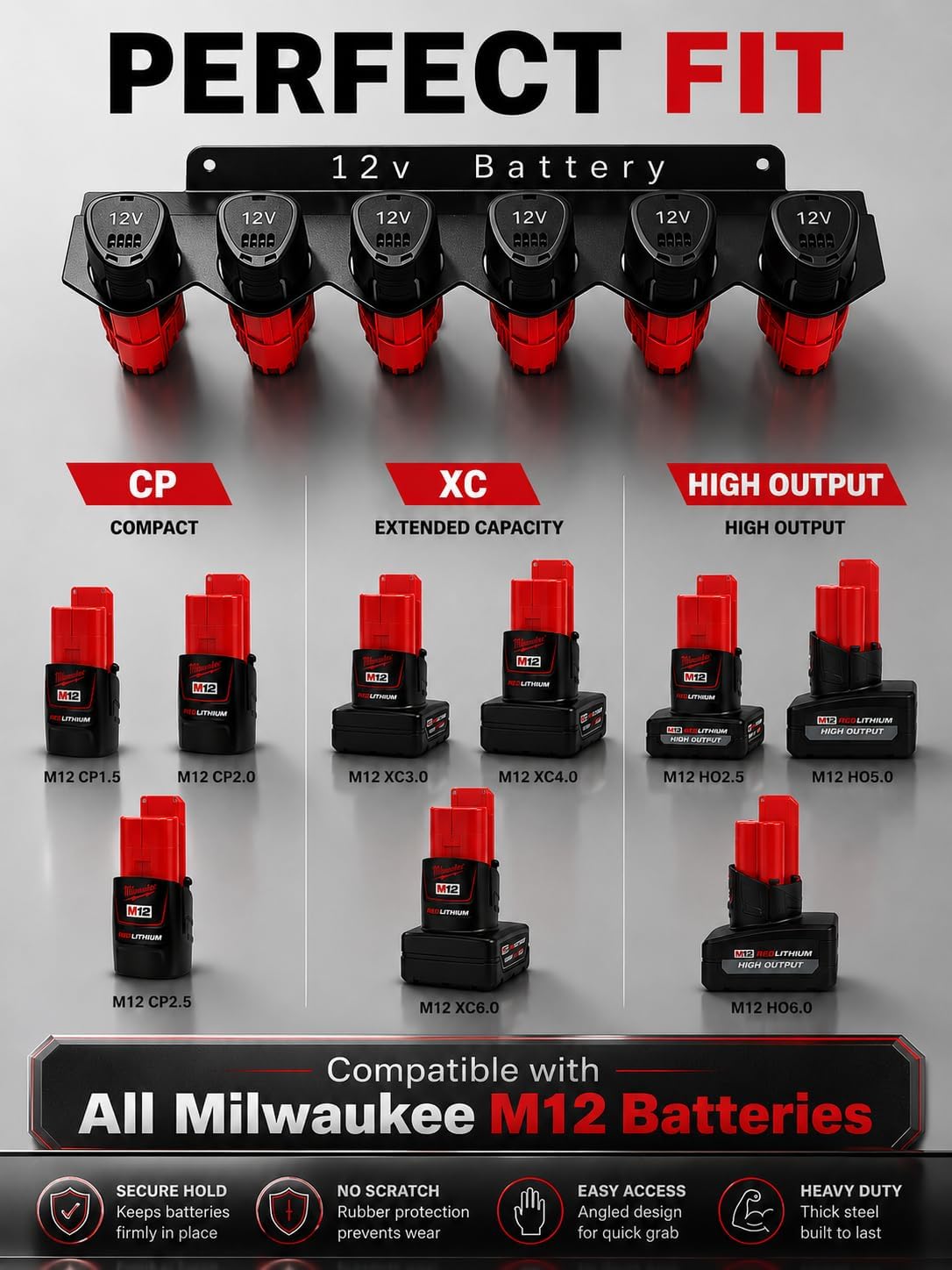 4pcs Metal Battery Holder Organizer Wall Mount for Milwaukee 8 M18 18V / Dewalt 18V/20V and 12 M12 Batteries, Battery Hanger/Storage/Rack for Garage with Screws
