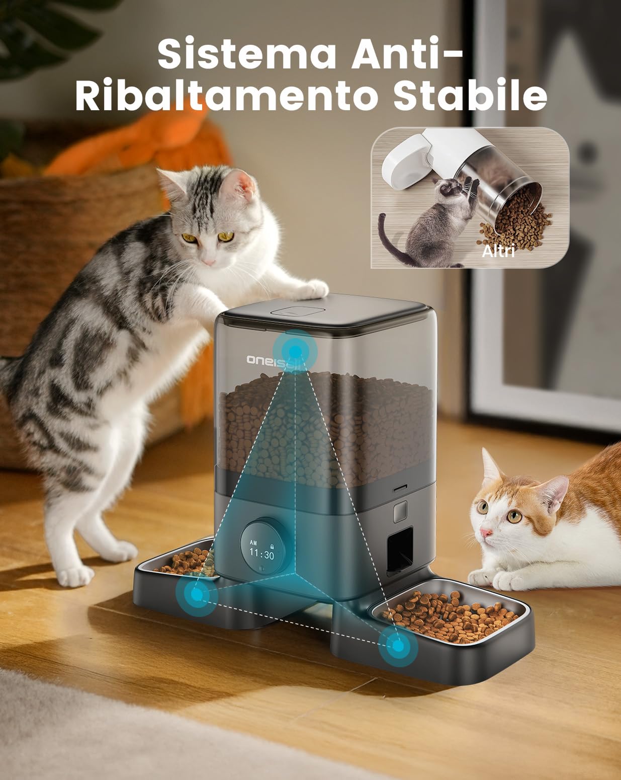 Oneisall Distributore Automatico di Crocchette Standard, 5L per 2 Gatti, per Cibo Secco, Ciotola in Acciaio Inox 304, Programmabile 1-6 Pasti al Giorno per Cani e Gatti, Nero