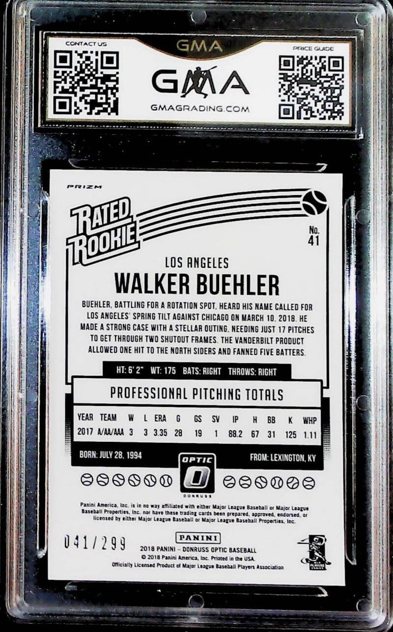 2018 Donruss Optic Aqua Holo S299 Baseball #41 Walker Buehler Los Angeles Dodgers Rated Rookie RC Card GMA 10 GEM MINT