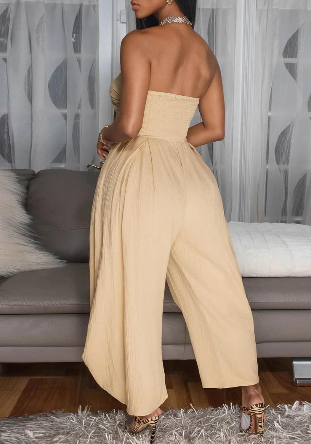 DINGANG Womens One Piece Strapless Jogger Jumpsuit Tube Top Off Shoulder Sleeveless Wide Leg Rompers - Image 4