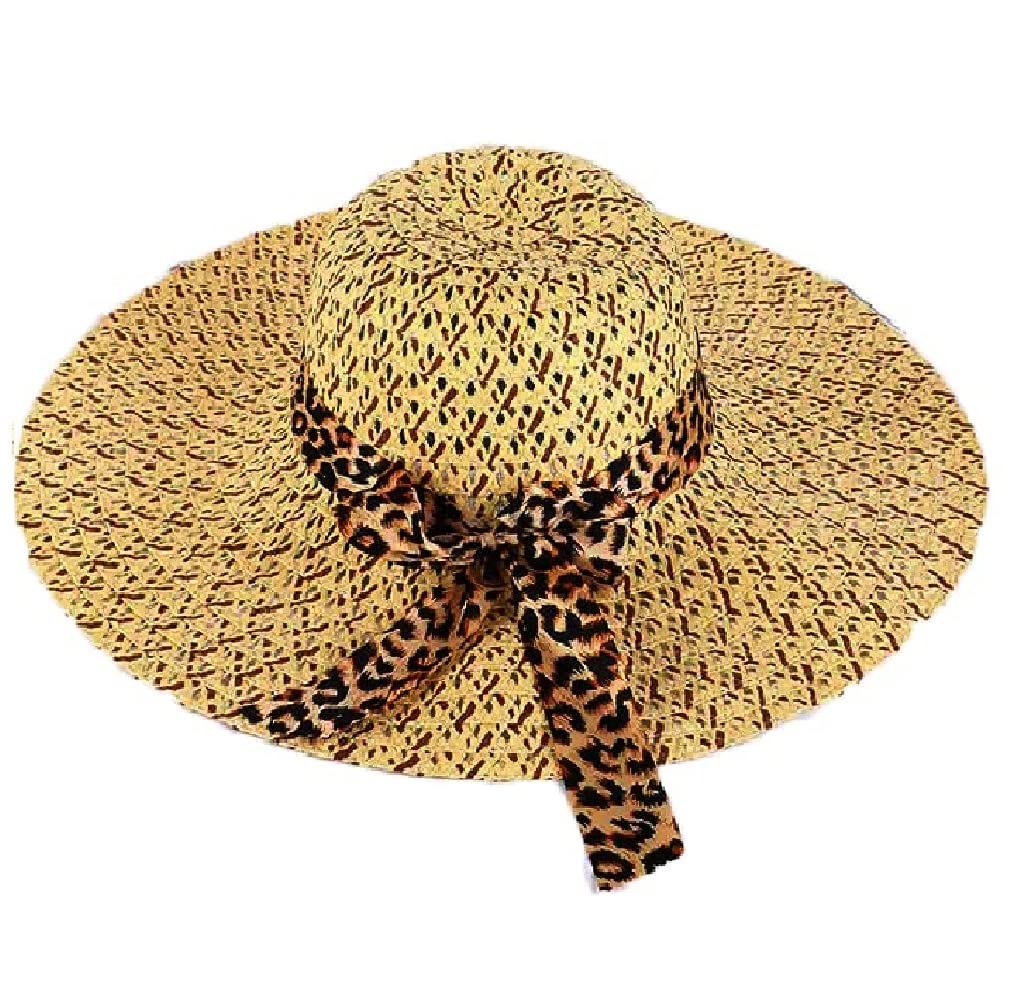 R&DSummer Big Brim Floppy Printed Ribbon Beach Straw Hats for Women & Girls (Beige)
