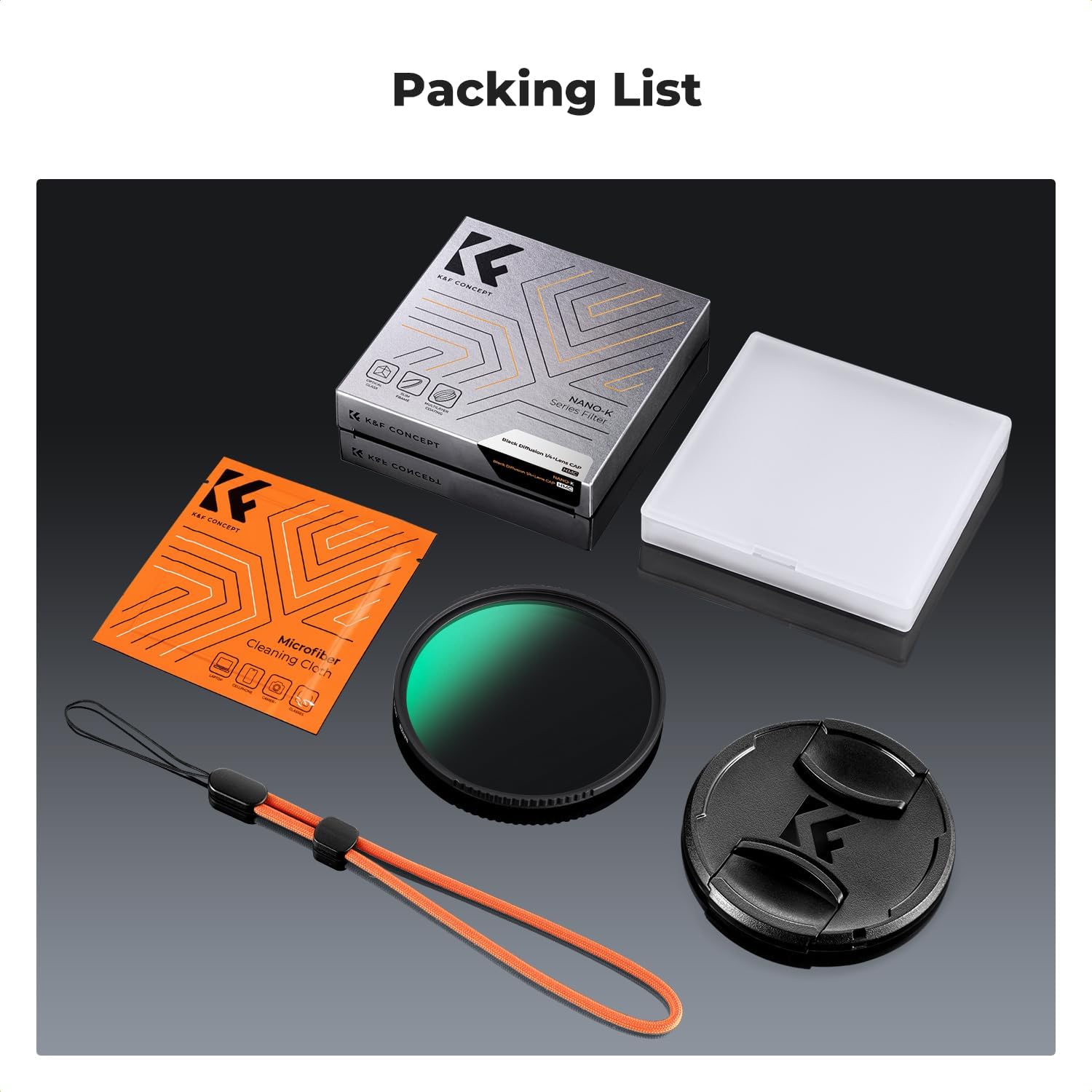 K&F CONCEPT 72mm Black Diffusion 1/4 Filter + Lens Cap, Mist Cinematic Effect Filter with 18 Multi-Layer Coatings for Video/Vlog/Portrait Photography (K-Series)