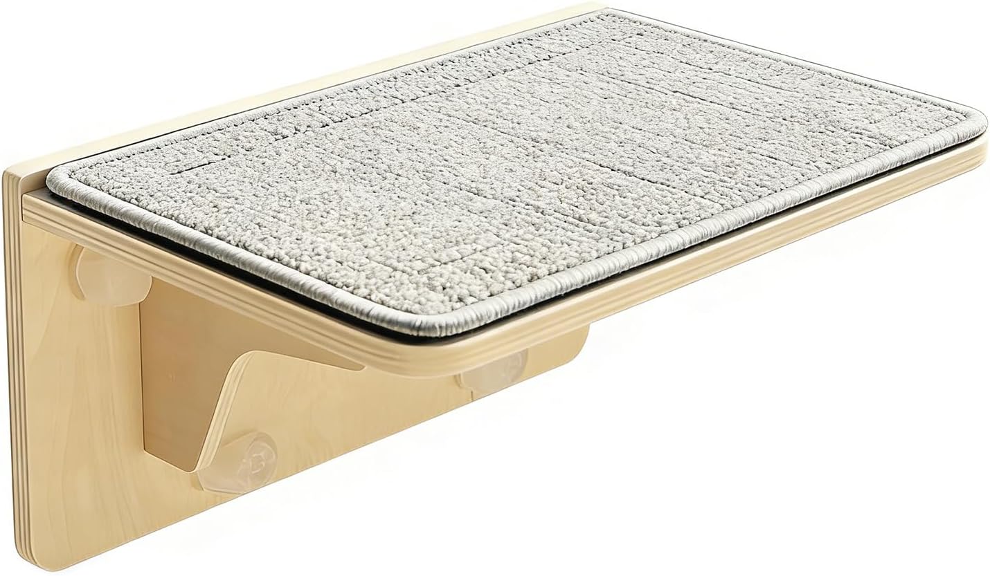 Cat Perch Window Seat, Suction Cup Wooden Resting, Multi-Purpose Climbing Perch for Cats, Sturdy Pet Furniture Accessory, Indoor Space-Saving Activity Tool for Apartment Farmhouse Living Room