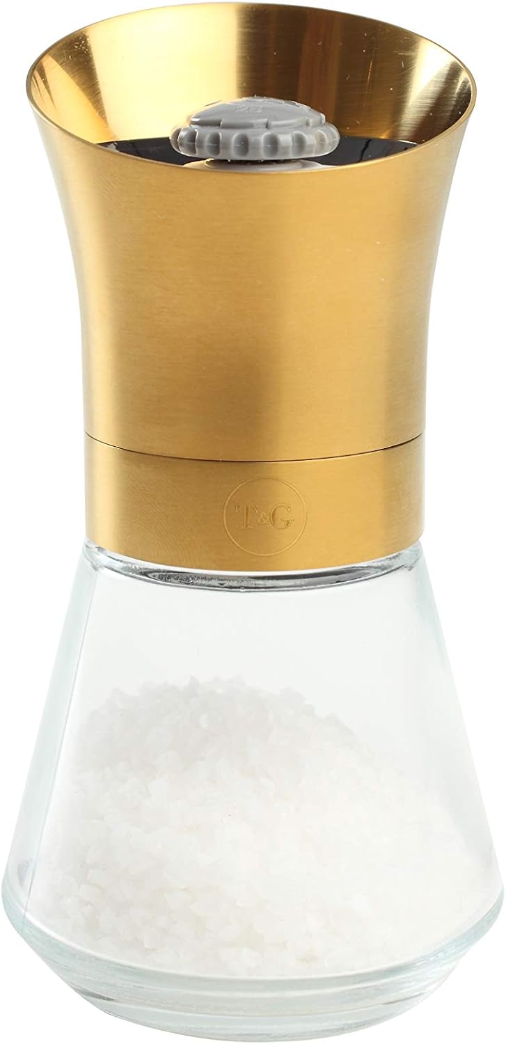 T&G Tip Top Deco Salt Mill with Gold Top and Glass Base, H125mm