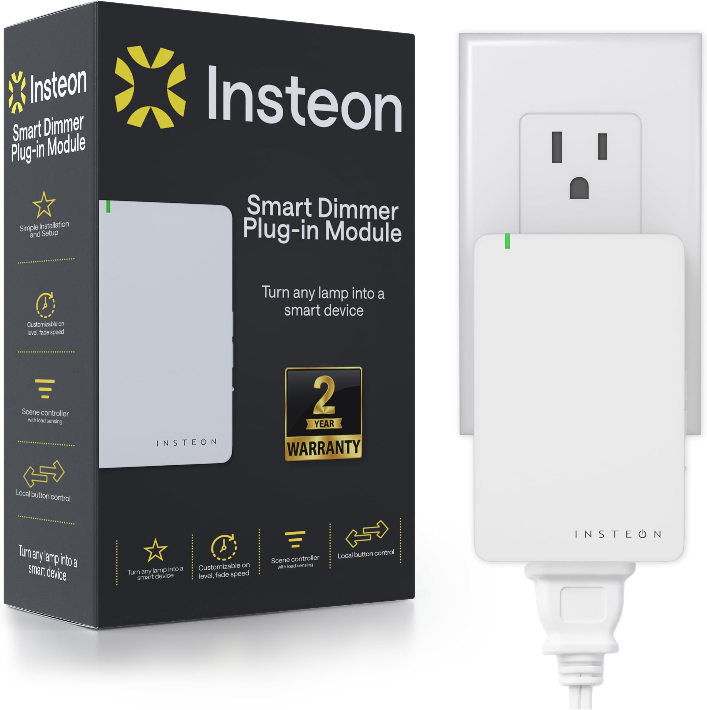 Insteon Smart Lamp Dimmer Plug, 300W Smart Home and Electronics Light Control, Adjustable Brightness & Fade for Dimmable LED, CFL & Incandescent Lights, Works with Alexa & Google - 2457D2 (White)
