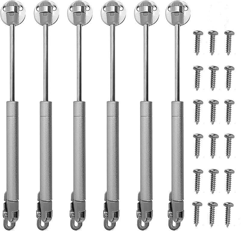 KEILEOHO 6 PCS Bisagras de gabinete de soporte hidráulico, 100N Bisagras de gabinete de soporte de elevación de puntal de gas de cierre suave con accesorios de montaje para cocina, armario