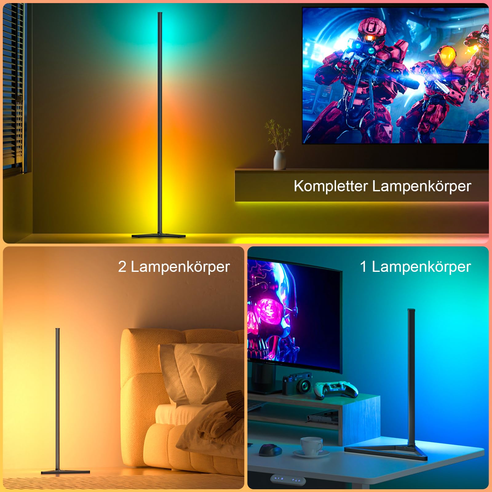 LED Stehlampe Wohnzimmer, 140cm Ecklampe RGB Dimmbar mit Fernbedienung und APP, 16 Millionen Farben, Musikmodi, DIY-Modus & Timing -Funktion für Schlafzimmer, Spielzimmer, Büro, Lesesaal
