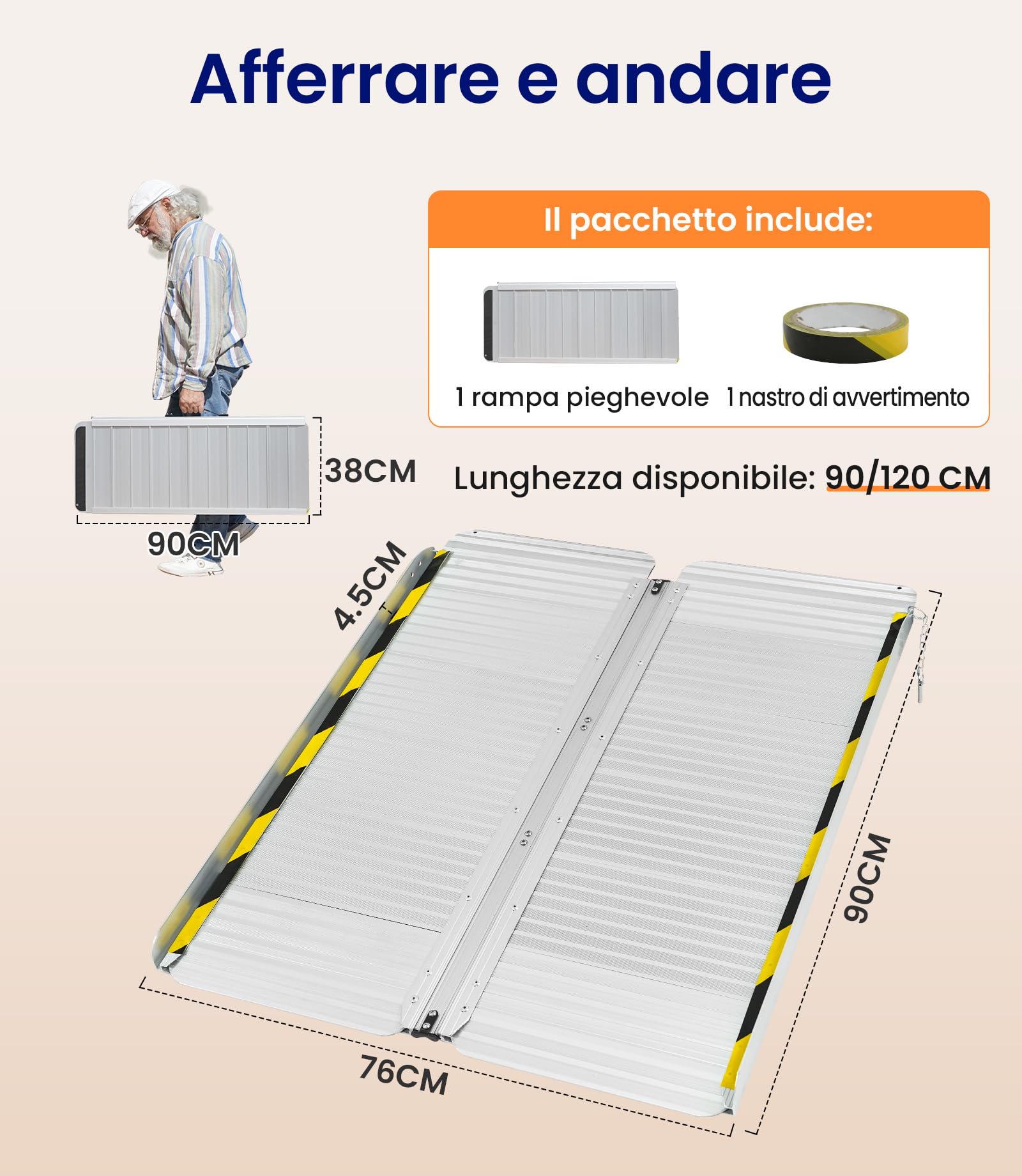 VOCIC CP32 - Rampa pieghevole per sedia a rotelle, 90 cm, per scale | Rampa in alluminio resistente fino a 300 kg, per sedia a rotelle, 76 cm, extra larga, leggera, adatta per casa e auto