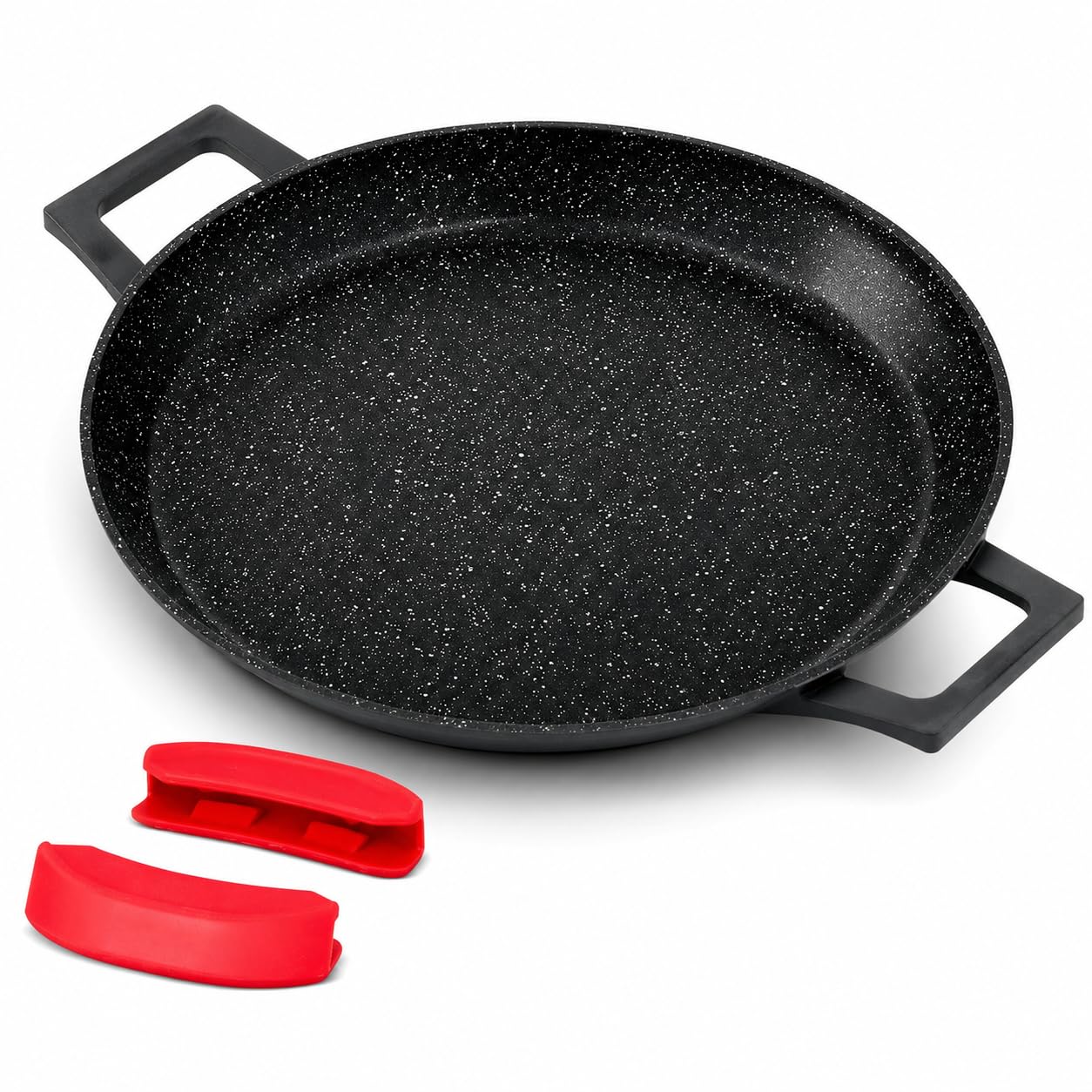 Royal Swiss - Paella antiadherente de mármol, 32 cm, negro con asas rojas