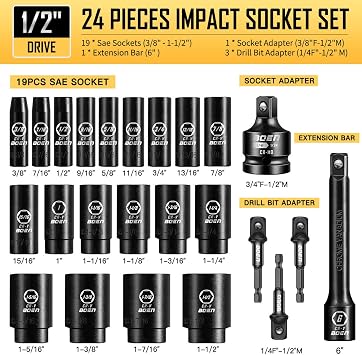 boen 1/2 Drive SAE Impact Socket Set, 3/8 to 1-1/2 Deep Socket, 6-Point Hex Socket with Portable Case, Rugged Construction, CR-V Steel, 24PCS
