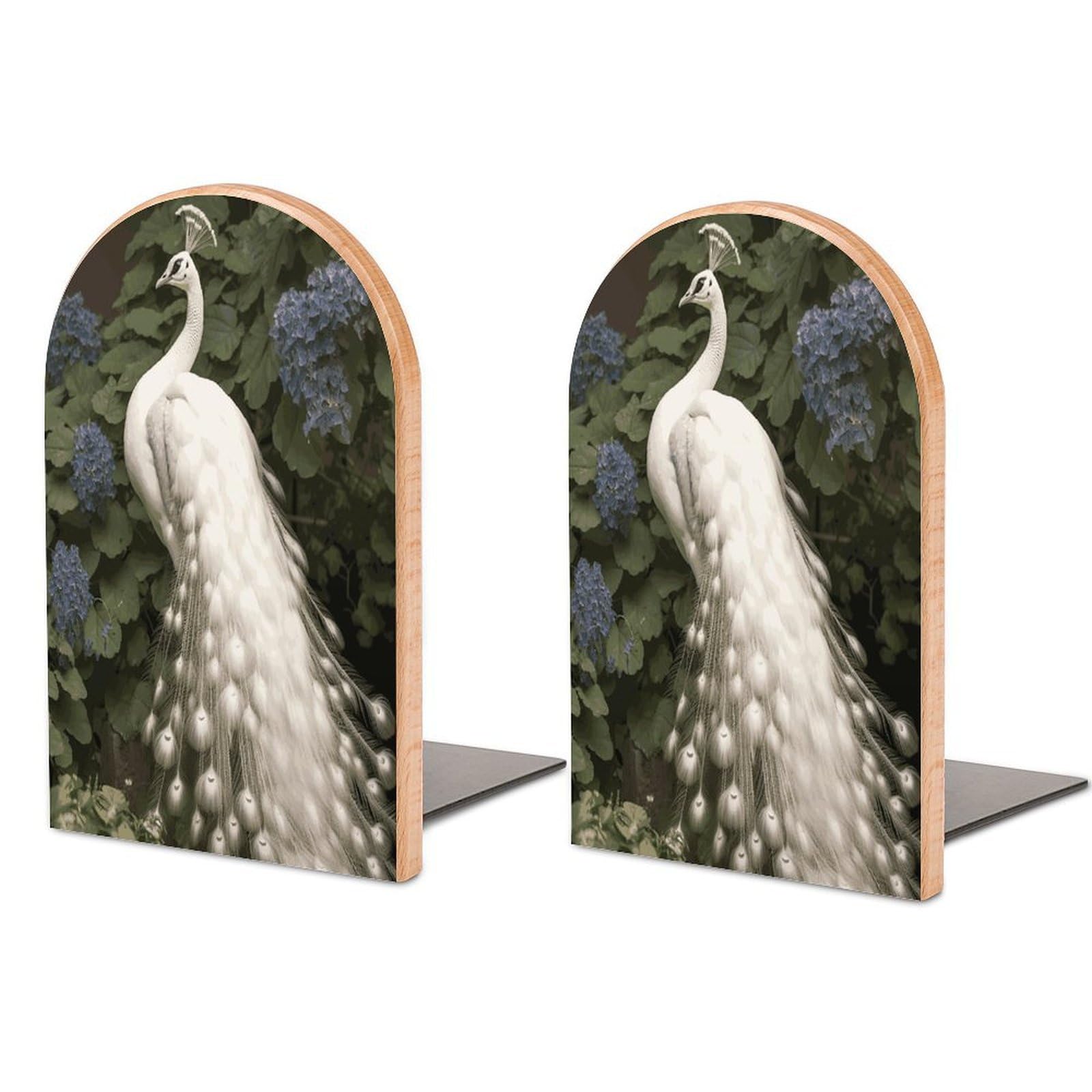 White Peacock Bookend for Shelves Non-Skid Book Holder Modern Heavy Duty Bookend Stopper Metal Base Wood Book End Books Shelf Holder Home Decorative 1pair 5x3.9x3.1
