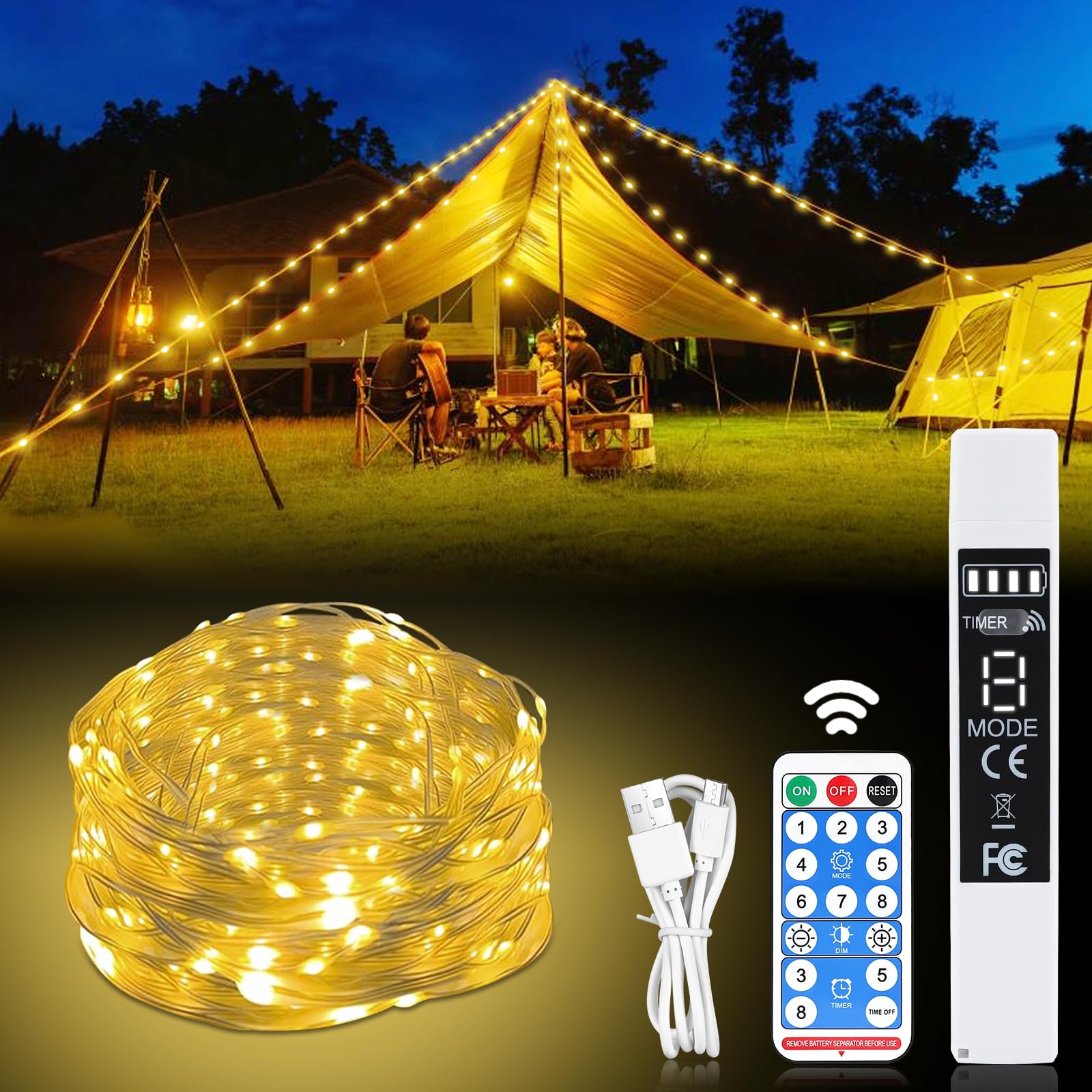 Artrastar LED Camping Lichterkette Batterie USB Aufladbar Campinglampe 10M mit 8 Modi für Innen und Außen Camping Terrasse Hofdeko und Innen Deko Warmweiß