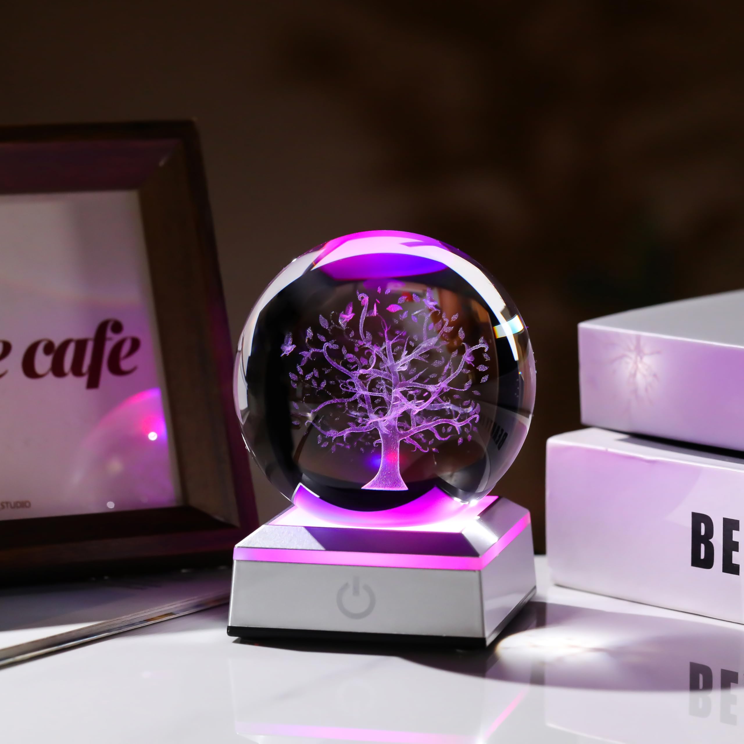 Sfera Di Cristallo K9 Con Base LED Colorata E Albero Della Vita 3D, Luce Notturna Per Meditazione E Decorazione Spirituale