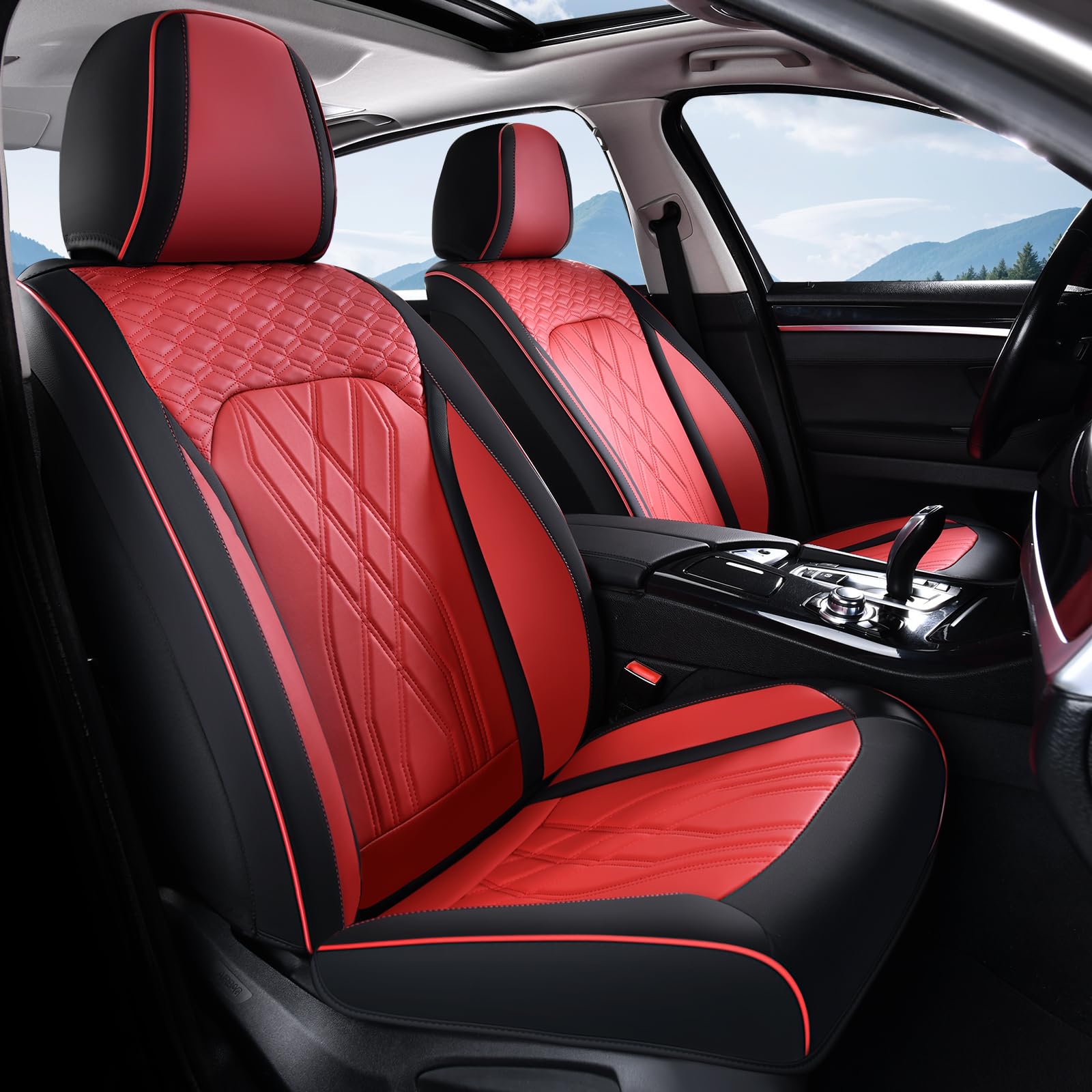 Leather Front Seat Covers Red Car Seat Cover Breathable Waterproof Seat Cover for Cars Automotive Seat Covers 2 Front Seats Protector Universal Fit for Most Car Truck SUV, Black&amp;Red