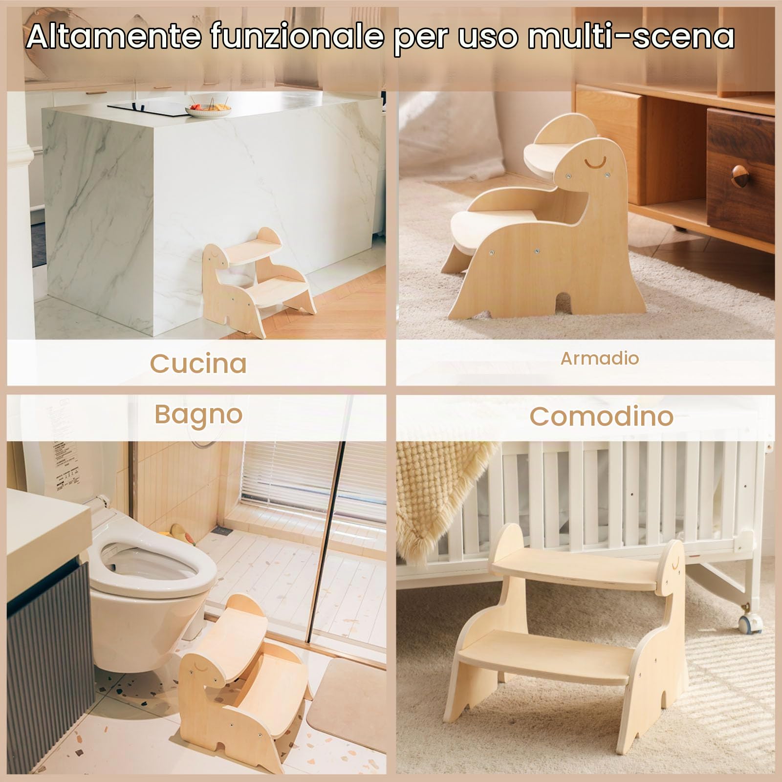 Torre Montessori di Apprendimento in Legno per Bambini, Sgabello a 2 Livelli Contro Parete Mobile Dinosauro, Mobili Dino per Stanza, Bagno, Cucina, WC