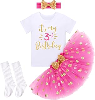 Toddler Baby Girls 1/2 / 1st / 2nd / 3rd Birthday Outfit Cake Smash Princess Dress Short Sleeve Romper/T-shirt+Glitter Polka Dot Tulle Tutu+knee socks+Bowknot Headband 4pcs Birthday Party Photo Props