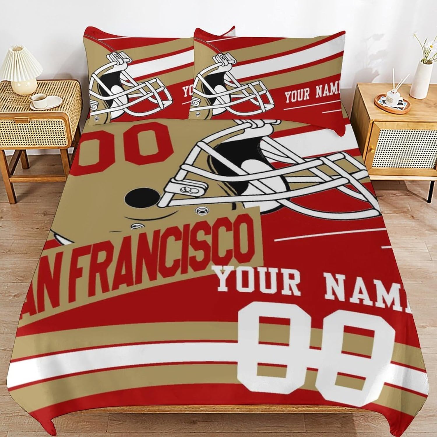 Custom Football Bedding Personalized Name Number Quilt Bedding Set for Football Fans Customize 3 Piece(1 Bedding+2 Pillowcase) Full Size Bedding Set Lightweight Soft Bedroom Decor