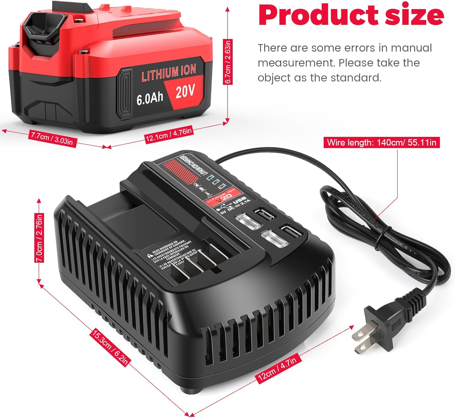 Labtec 20V 6000mAh Lithium Battery（2 Packs & Charger Kit Replacement for Craftsman CMCB205, Compatible with V20 Series Tools