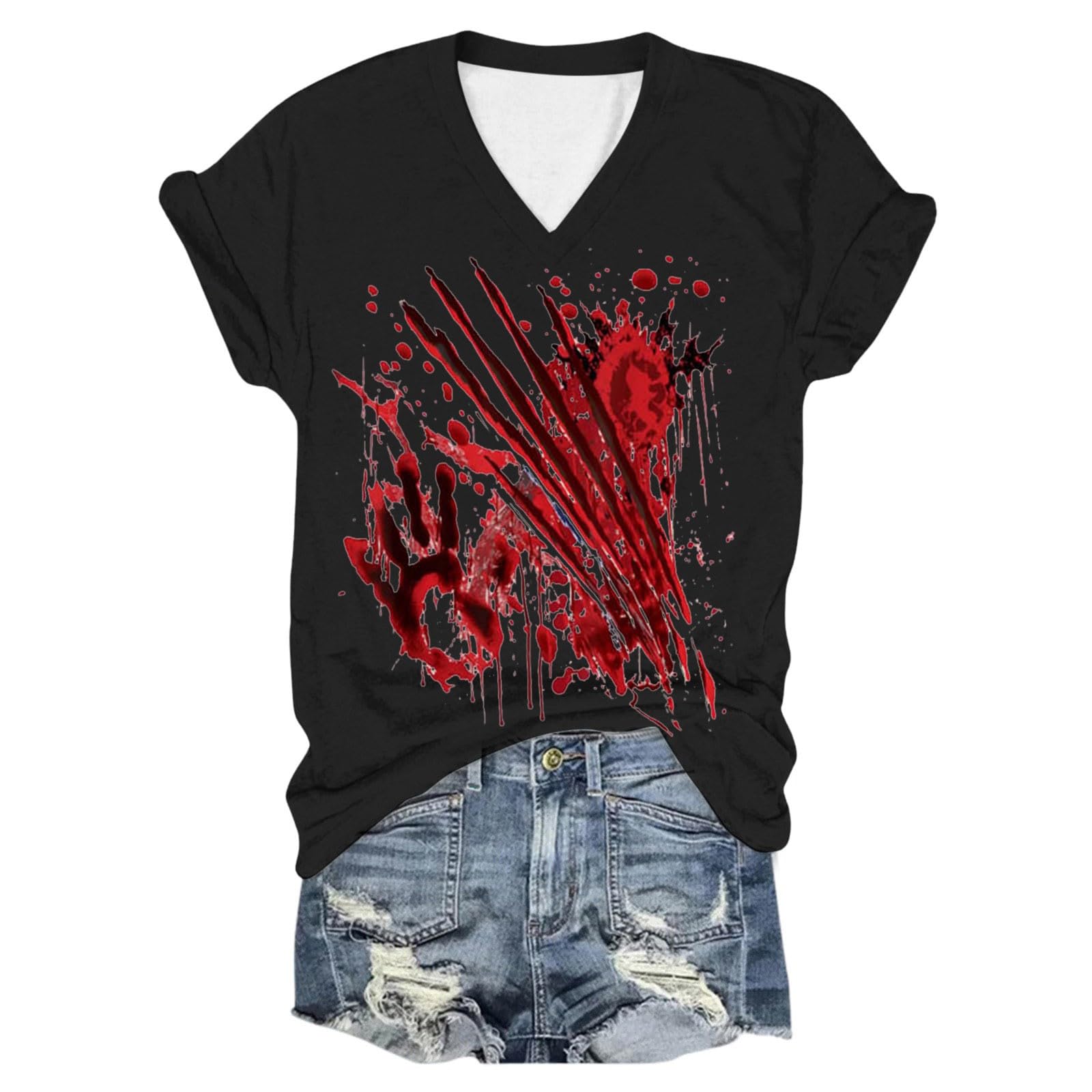 Problem Gelöst Halloween T-Shirt Damen Mit Blutdruck - V-Ausschnitt Kurzarm Shirt Für Gruselpartys & Horror-Events