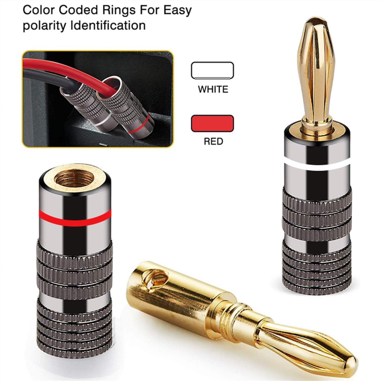 Wtyczka bananowa 4 mm do kabla głośnikowego, podwójne śruby, złącza audio i wideo z miedzi, pozłacane 24 K, wtyczka do kabla głośnikowego (6 sztuk)
