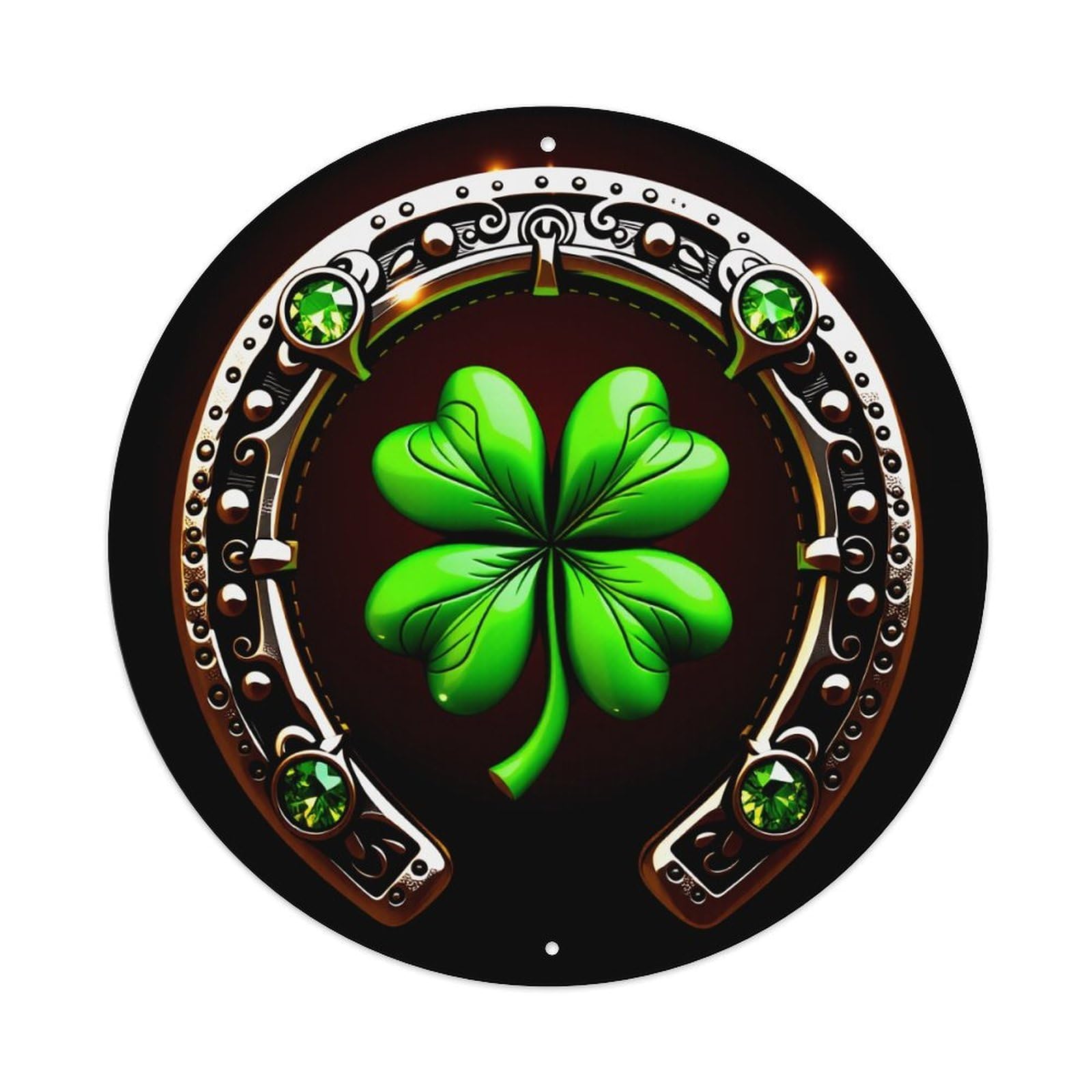 Horseshoe With Emeralds And Four Leaf Clover Round Vintage Tin Sign,Retro Wall Art,Metal Poster for Home, Bar, Garage, Cafe, Rustic Indoor & Outdoor Decor, 8x8 Inches
