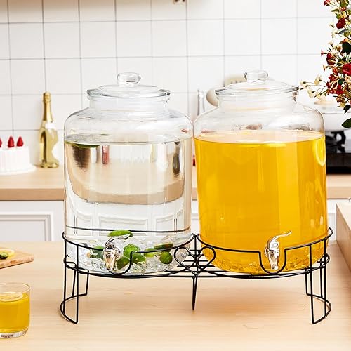 Miniatura 5 de Honeydak Paquete de 2 dispensadores de bebidas de vidrio de 4 galones con soporte y espita a prueba de fugas, almacenamiento de bebidas para