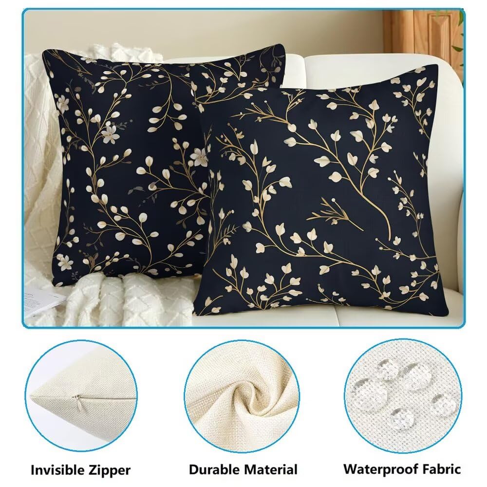 Federe Cuscini da Esterno Impermeabili 65x65 Blu Navy Copri Cuscini per Divano Floreale Federa Cuscino Primavera Decorativi Copricuscini per Divano Giardino Soggiorno Copricuscino Set di 2 (IU185)