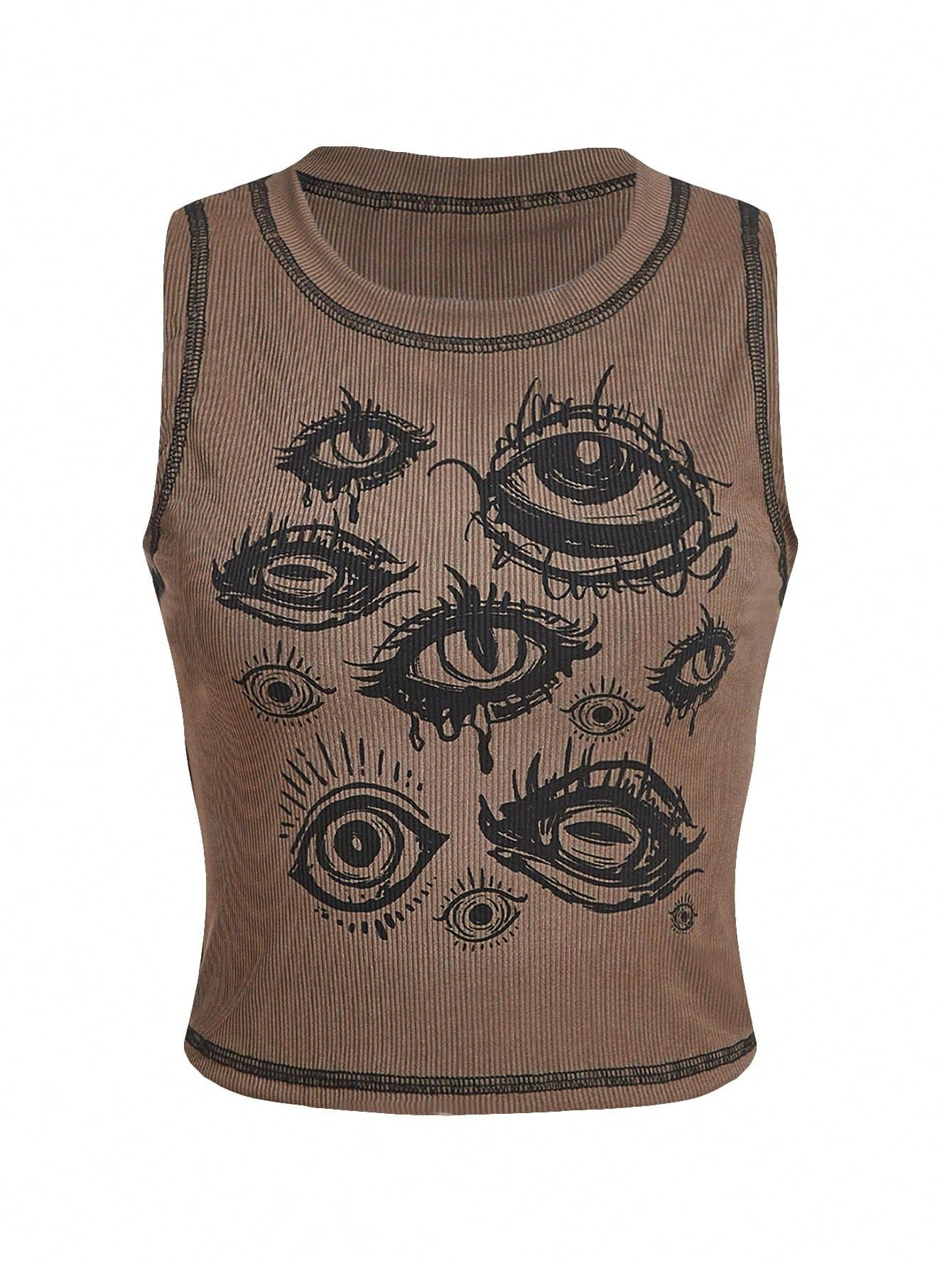 SOLY HUX Women's Y2k Goth Eye Print Crop Tank Top Round Neck Sleeveless Summer Tops