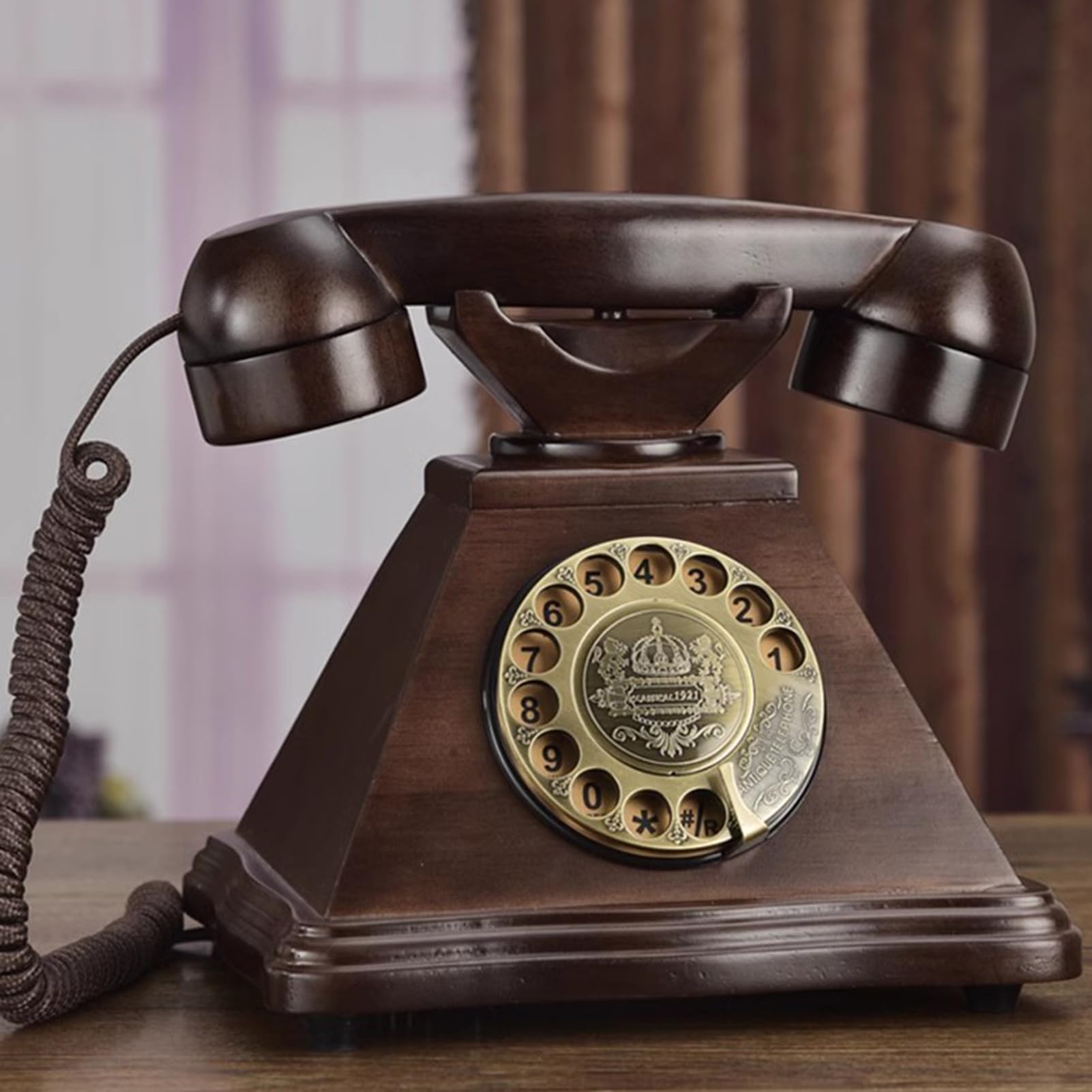 Telefono Fisso retrò con Filo, Telefono Antico con quadrante rotativo, Telefono da Tavolo Vintage in Legno massello, Vecchio Telefono di casa con Ripetizione della Chiamata