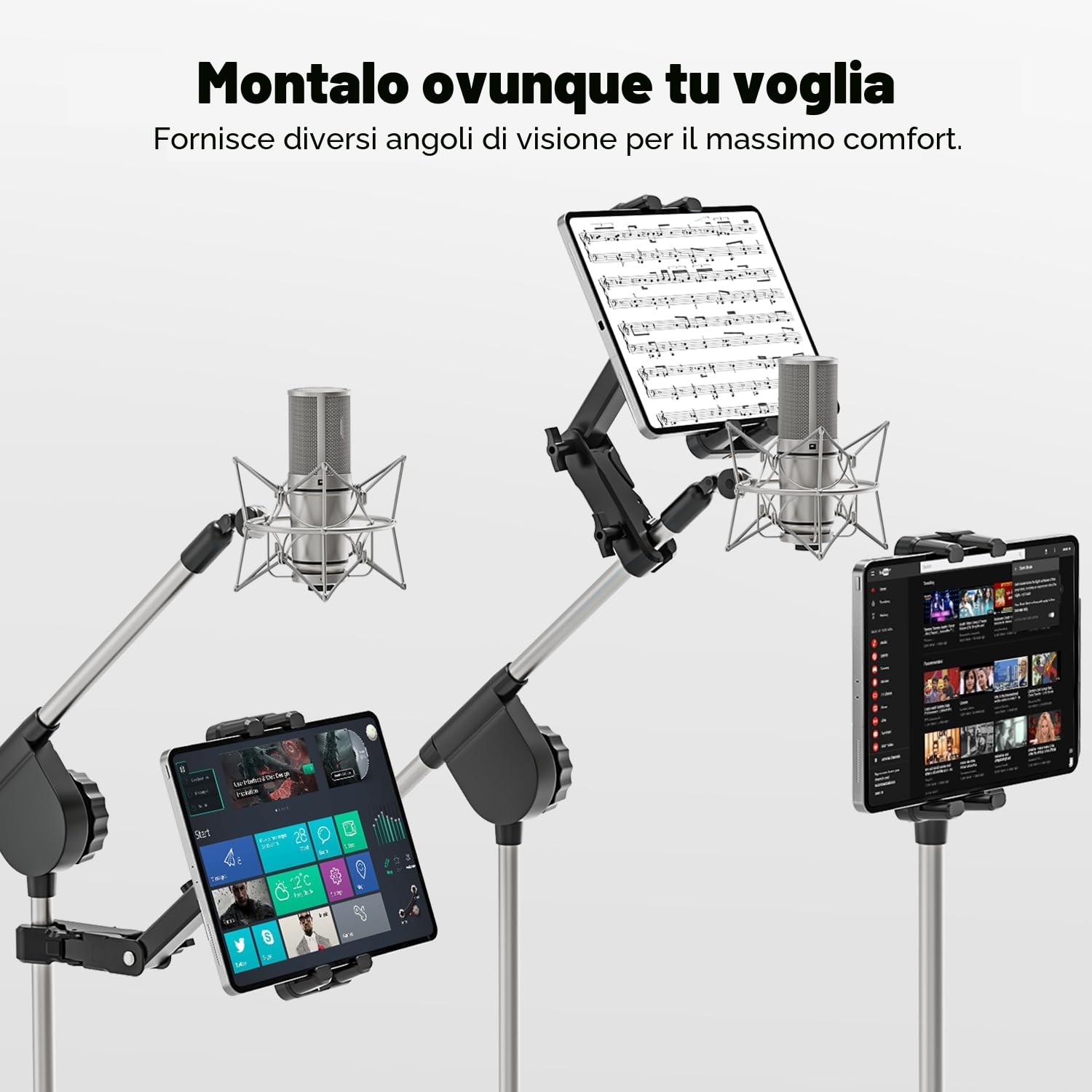 Supporto Tablet per Microfono, Porta Tablet Asta Regolabile 360°, Support iPad 4,7-13,5"