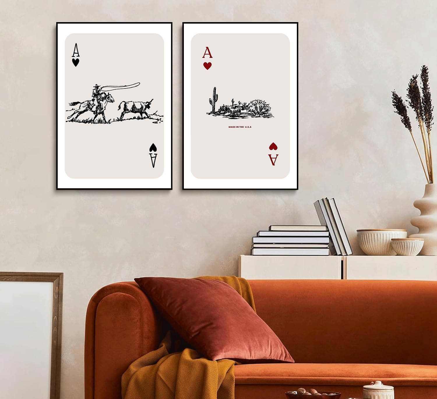 Western Cowboy Wall Art Desert Cactus Playing Card Canvas Wall Decor Vintage Southwestern Ace of Hearts Paintings Prints Posters for Living Room Western Bedroom Office 16x24inx2 Unframed