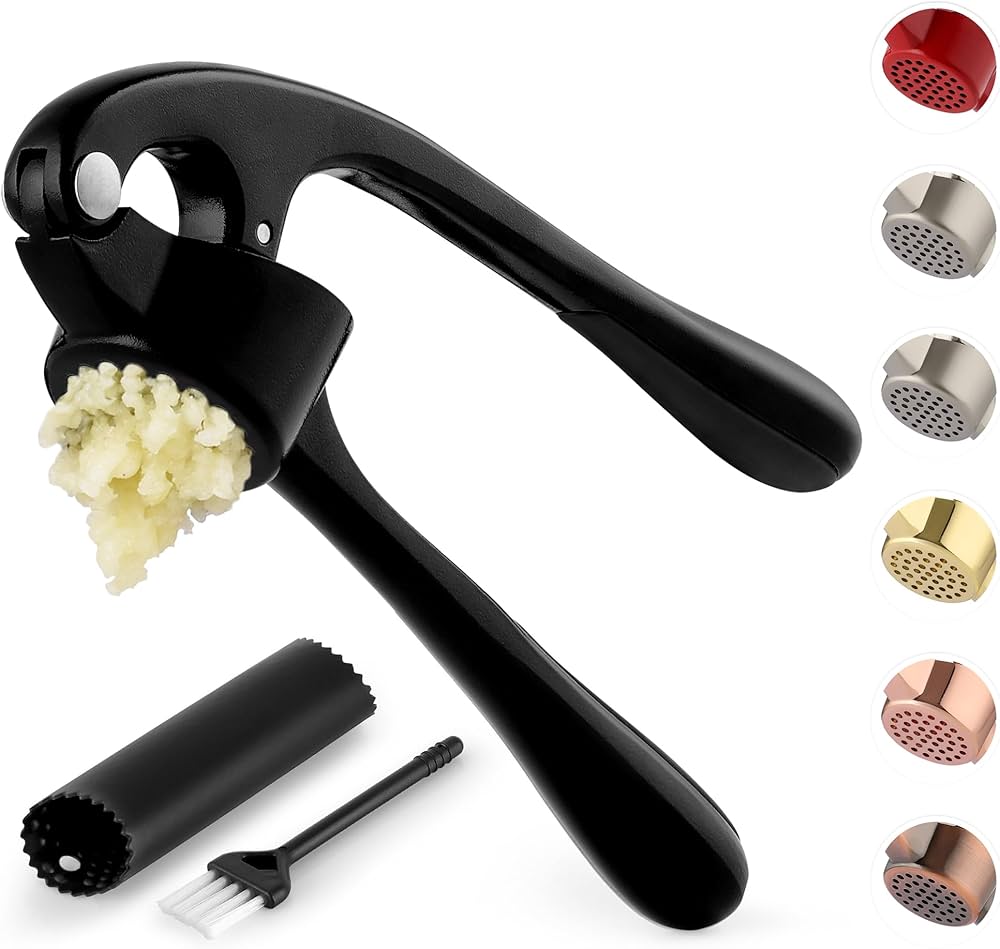 Zulay Kitchen Premium Garlic Press with Soft, Easy to Squeeze Handle - Includes Silicone Garlic Peeler & Cleaning Brush - 3 Piece Garlic Mincer Tool - Sturdy Easy to Clean Garlic Crusher (Black)