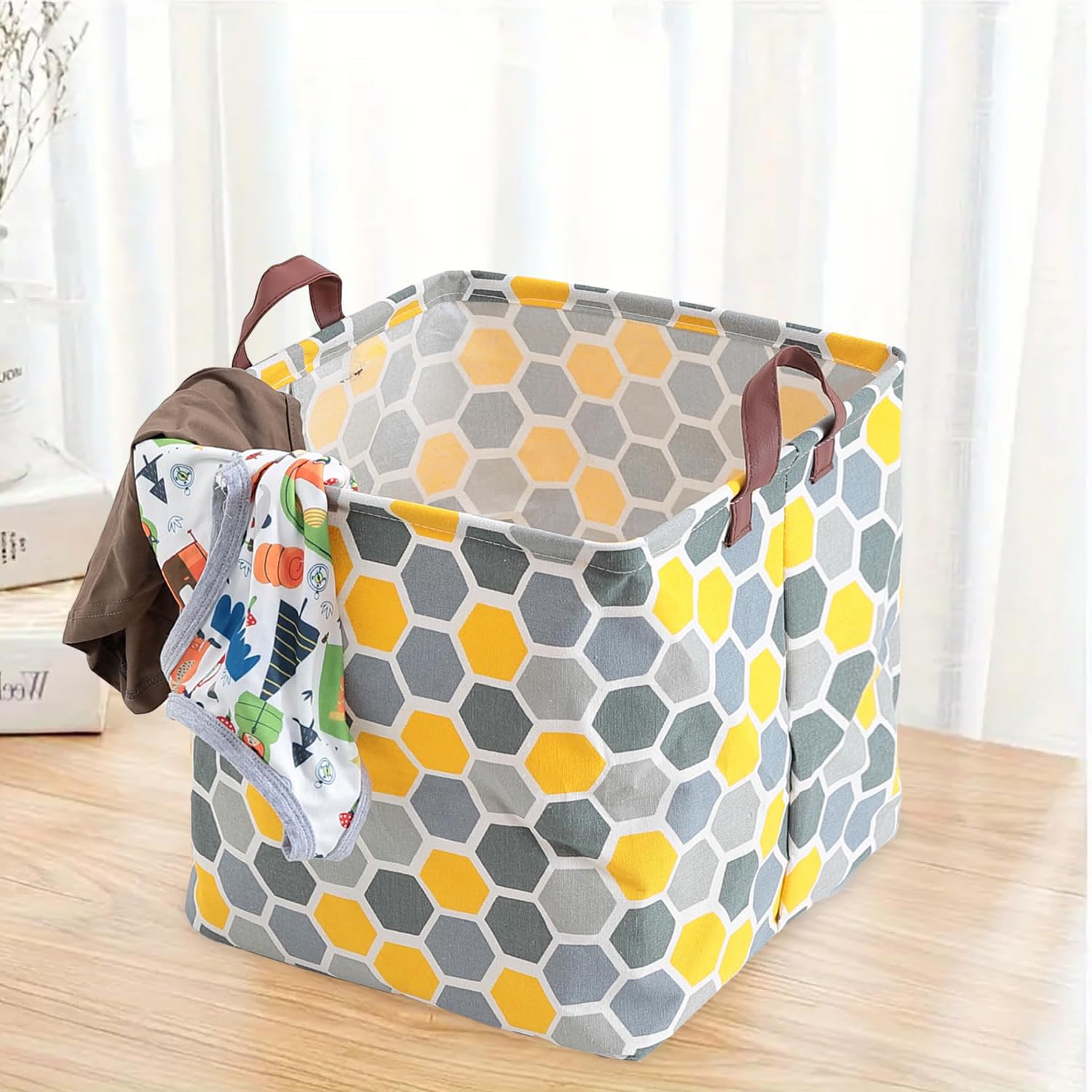 Kuber Industries Multicolor Foldable Storage Basket|Square Toy Storage Bin|Side Grab Handle|Wardrobe, Closet Organizer (Multi)