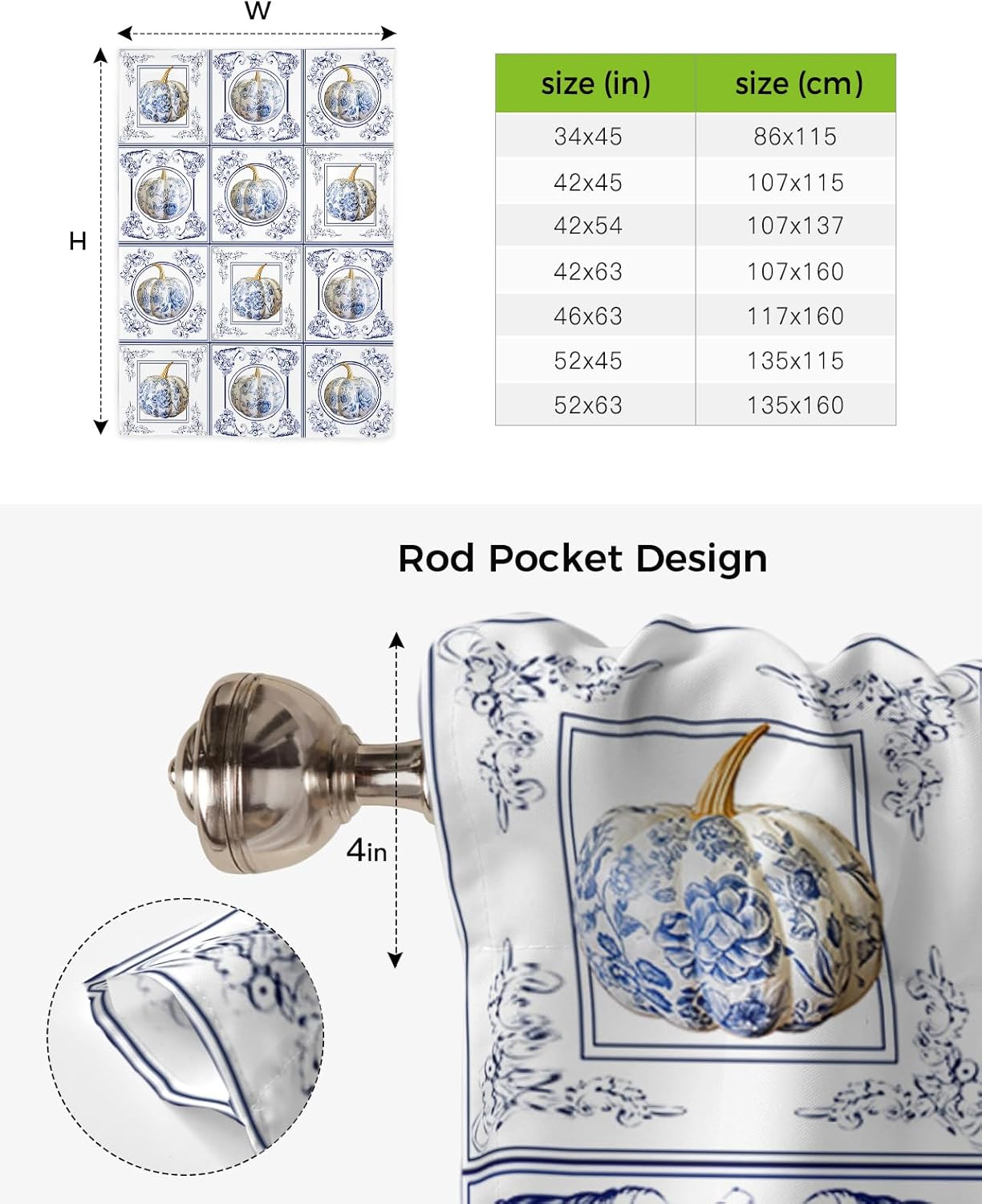 Chinoiserie Pumpkins Tie Up Window Shade Curtain Porcelain Blue White Vegetable Kitchen Adjustable Balloon Curtains Shades Drape 52x63In for Living Room/Bedroom/Cafe Windows Plaid Grid