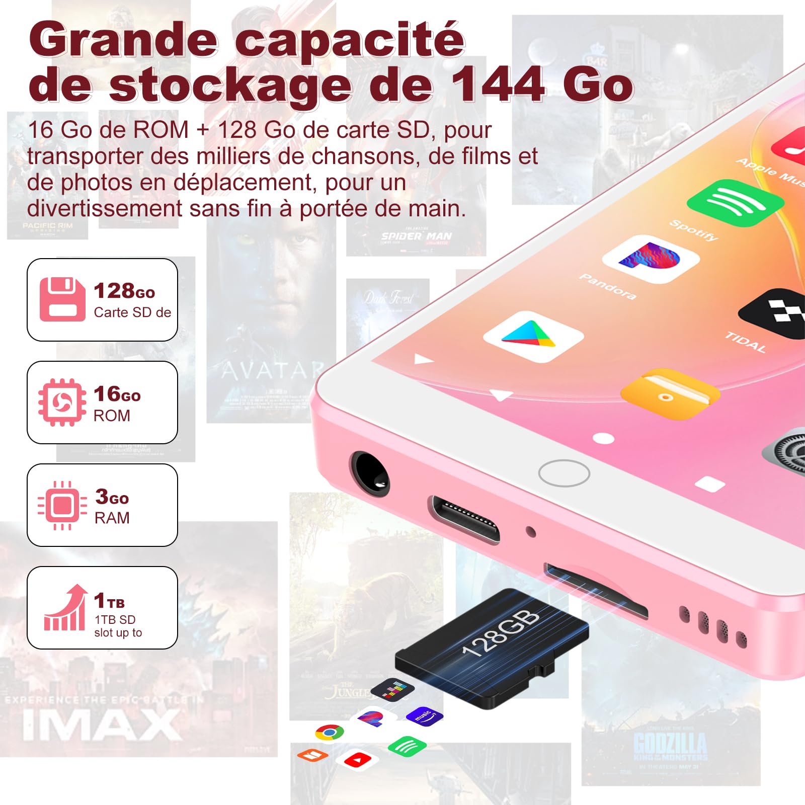 144 Go Lecteur MP3 Spotify avec WiFi et Bluetooth, Lecteur MP4 Android pour Enfant, écran Tactile 4,02 Pouces, Audible, Amazon Music et Play Store