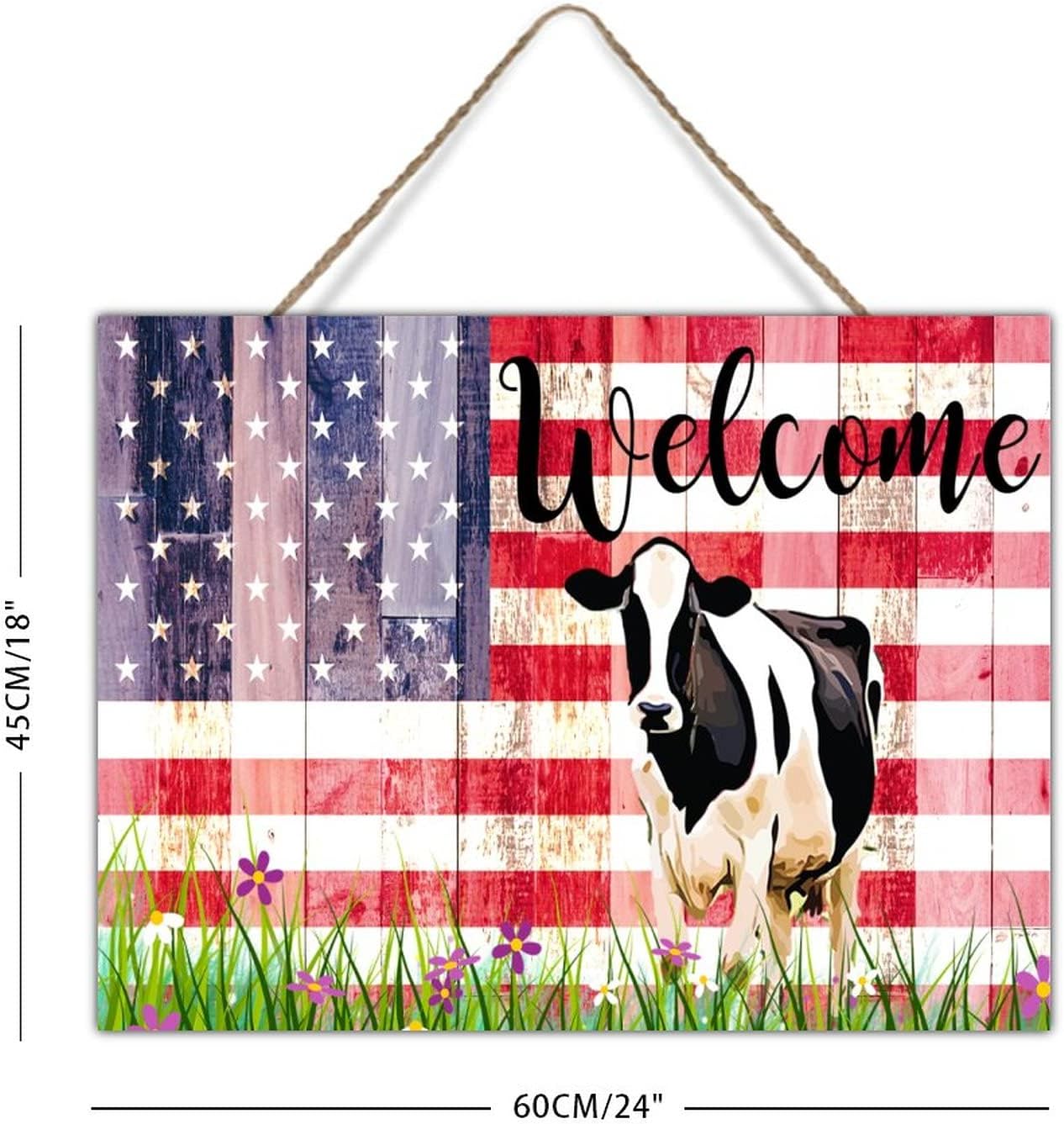 Wood Sign Plaque Vintage American Flag Cow Welcome Sign Green Lawn Farm Animal Highland Cattle Wood Hanger Sign Rustic Wood Pallet Wall Hanging Sign 24x18in New Home Gift to Farmer